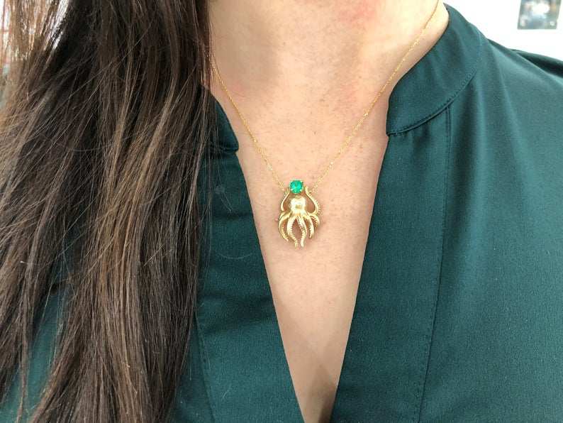 1.09tcw Natural Emerald & Diamond Octopus Necklace in 14K Gold - Elegant Sea-Themed Jewelry for Women, Perfect Gift for Birthdays, Anniversaries & Special Occasions