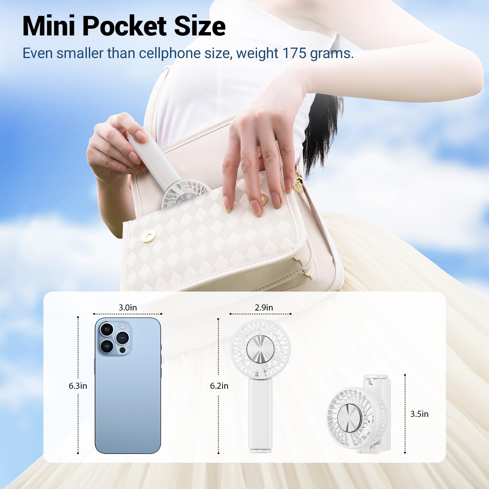 5000mAh Rechargeable Handheld Cooling Fan - Portable Mini AC Fan with Foldable Design, Ice Cooling Technology for Men Women & Kids - Perfect for Beach Travel, Outdoor Activities, Camping and Office Use (White)