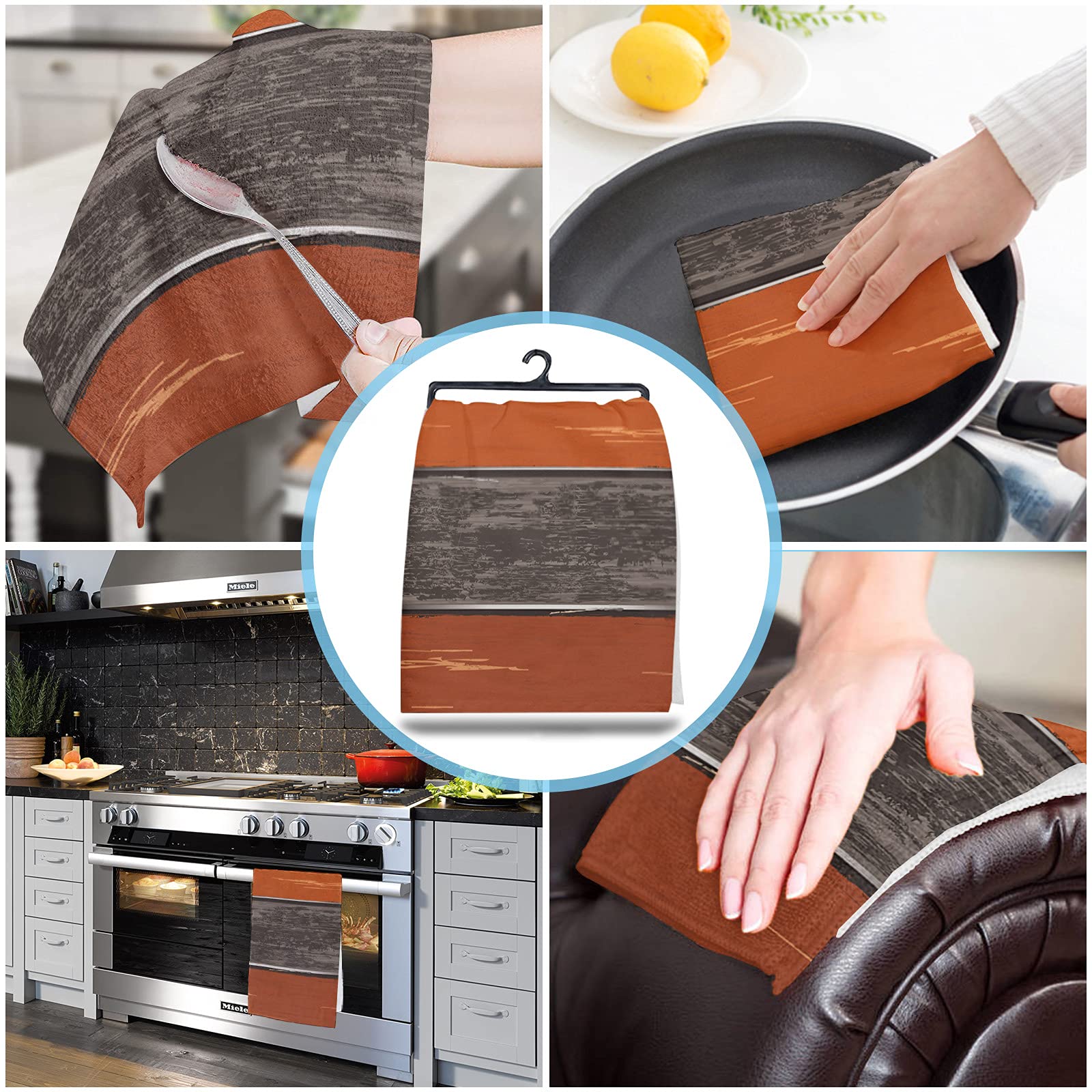 Farmhouse Rustic Kitchen Towels Set of 3 - 16x28 Inch Soft Cotton Dish Cloths, Tea Towels & Hand Towels in Burnt Orange & Grey - Perfect for Farmhouse Decor, Kitchen Cleaning & Bar Use