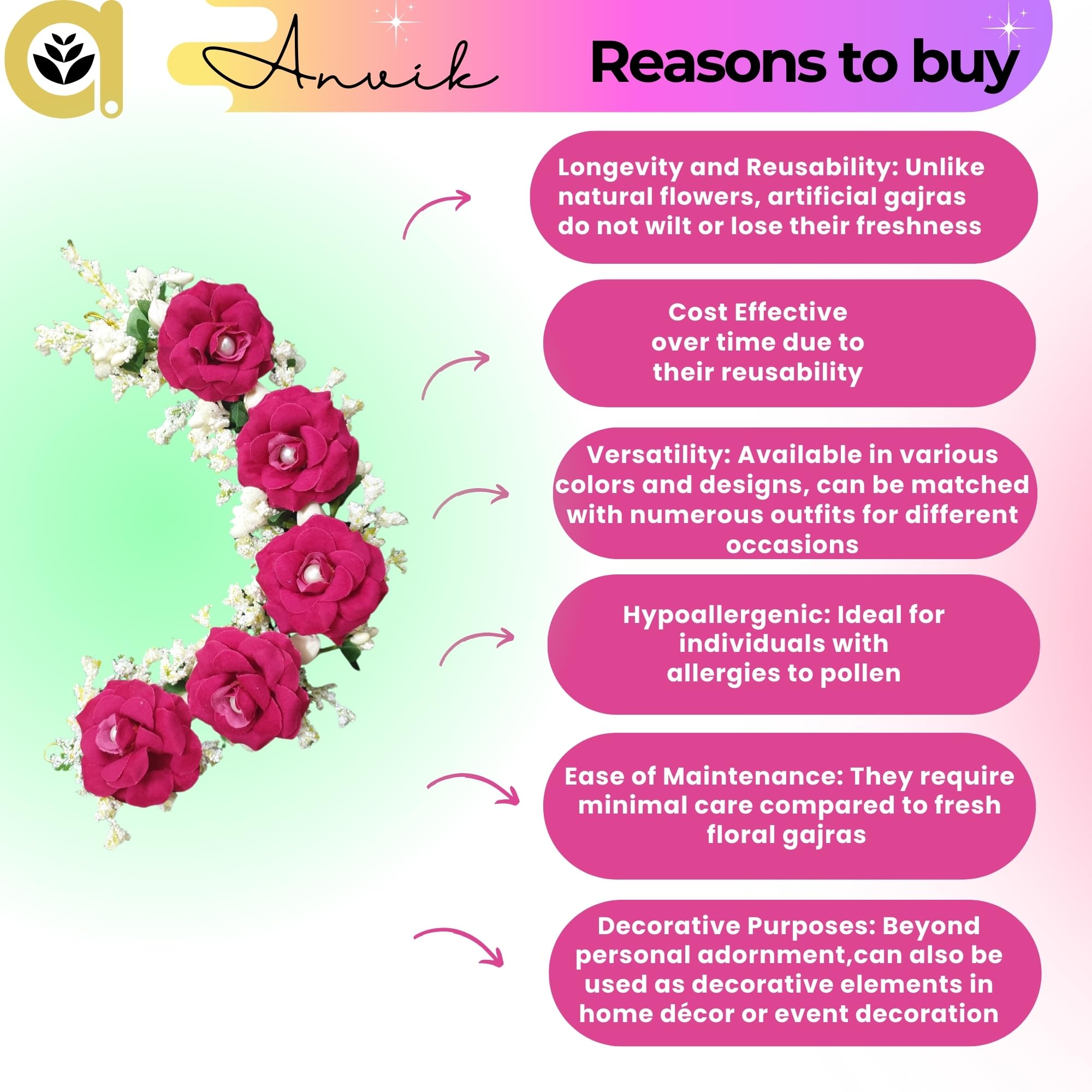 ANVIK Artificial Rose Flower Hair Bun Gajra - Bridal Wedding Hair Accessory for Women (Rani Pink) | Perfect for Bridal Parties, Weddings, and Special Occasions