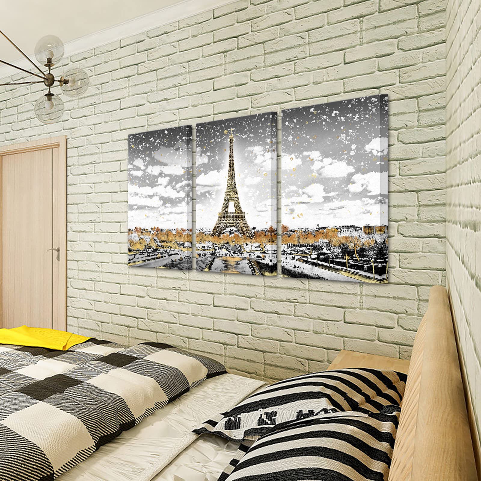 RnnJoile Paris Canvas Art - Gold Eiffel Tower Landscape Painting, France Wall Decor for Bedroom, Framed Artwork - Perfect for Home Decor, Living Room & Office Wall Art