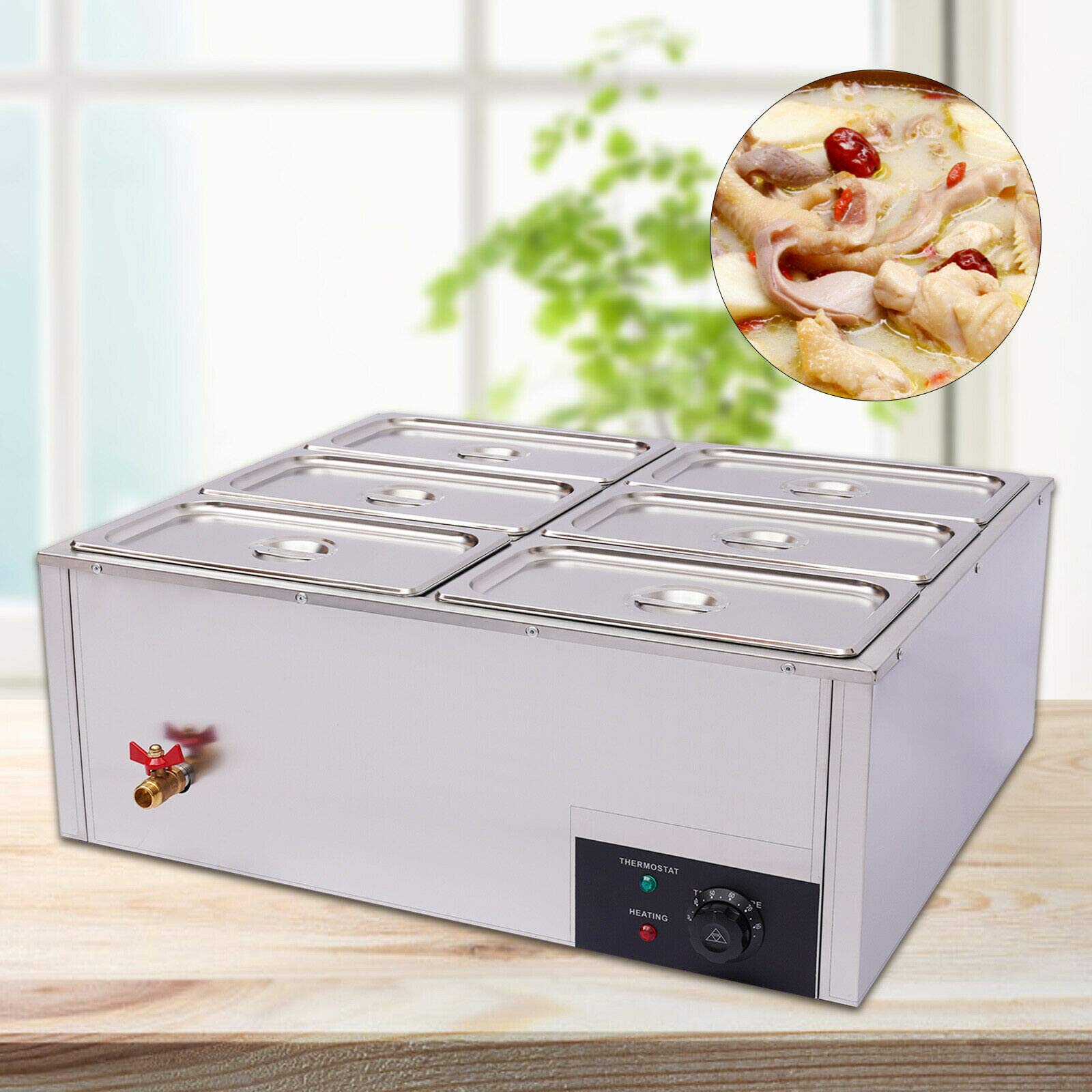 Commercial Food Warmer - 850W Electric Countertop Steam Table with 6 Pans, 15cm/6inch Deep Stainless Steel Bain Marie - Large 7 Quart Capacity (6x7, Silver) - Perfect for Buffets, Catering, Restaurants & Large Events