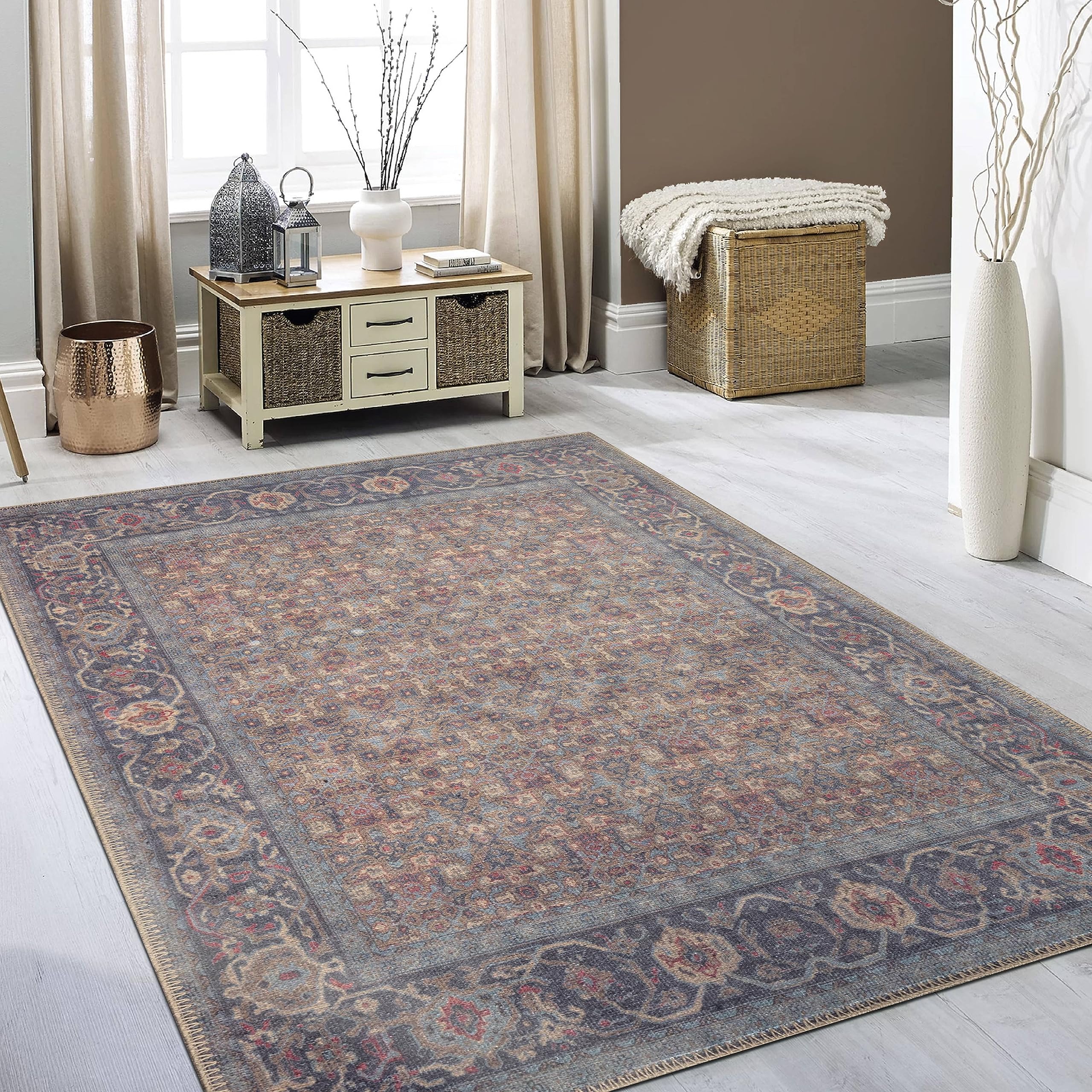 Machine Washable Area Rug - Pet-Friendly, Non-Slip Indoor Carpet for Kitchen, Bathroom, Living Room | Home Floor Decor in Denim/Eggnog (5'1