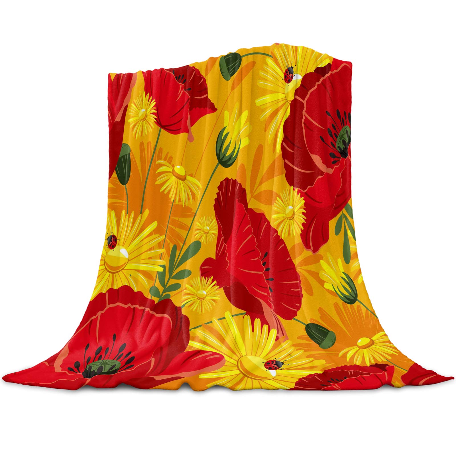 Soft Fleece Throw Blanket 60x80 Inch - Lightweight Plush & Warm Poppy Flower Design in Red Yellow Orange - Cozy Couch Blanket, Flannel Bed Blanket for All Seasons - Perfect for Sofa, Travel, Camping & Home Decor