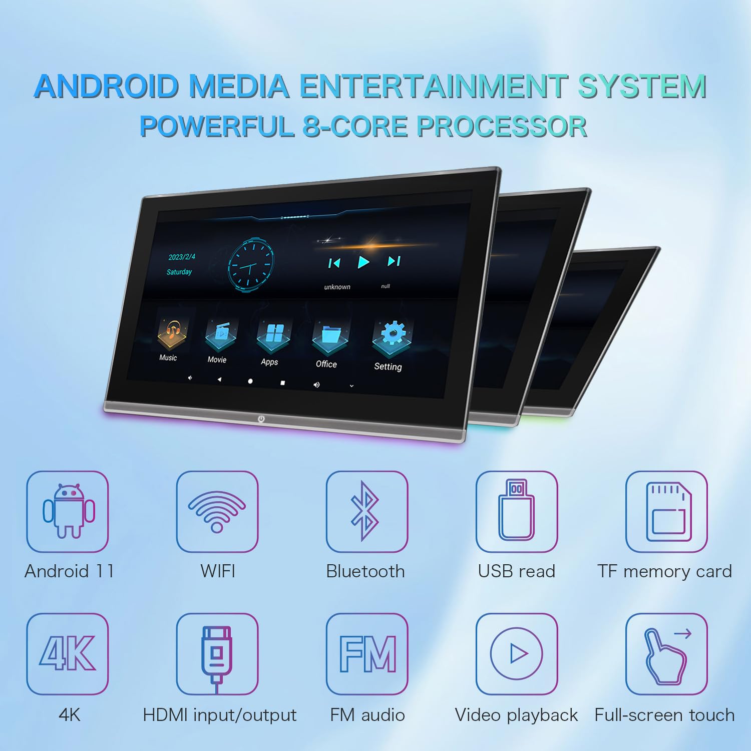 11.6-inch Android 11 4K Portable Car Headrest Monitor - Wireless Touch Screen Display with Mirroring for Phones & Tablets | Supports WiFi, USB, HDMI, AV, Bluetooth, FM, Airplay | Perfect for Road Trips, Kids Entertainment & Backseat Viewing