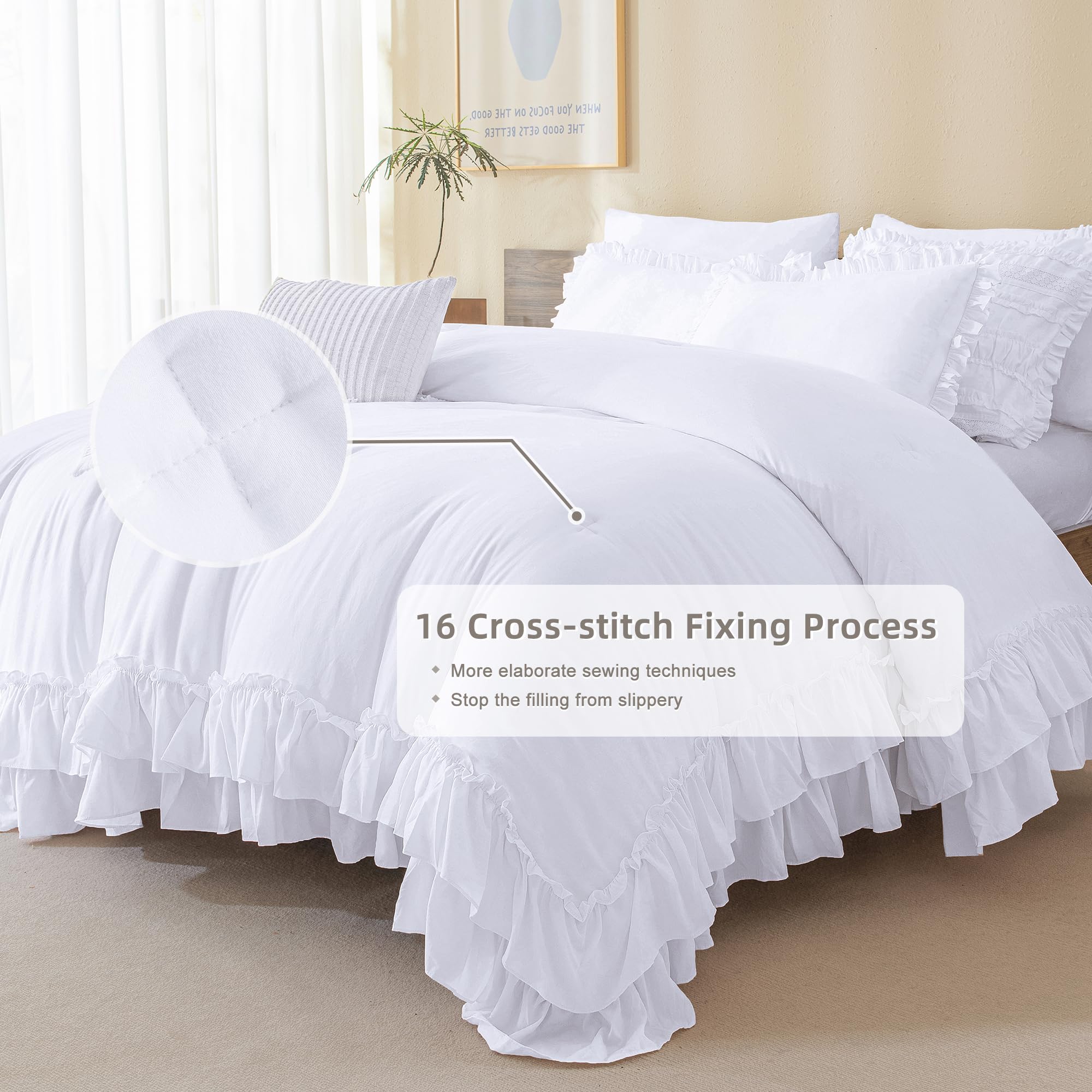 QSH White Ruffled Comforter Set - Queen Size Farmhouse Shabby Chic Boho Bedding - Lightweight Fluffy Microfiber Comforter - 3 Piece Set for Cozy Bedroom Decor & Guest Room Styling