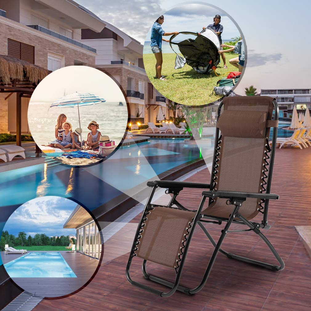Premium Zero Gravity Recliner Chairs 2-Pack - Heavy Duty Adjustable Outdoor Lounge Chairs with Cup Holder & Pillows, Supports 250Lbs - Perfect for Patio, Poolside, Beach, Backyard Relaxation & Sunbathing - Brown Folding Chaise Lounge Set