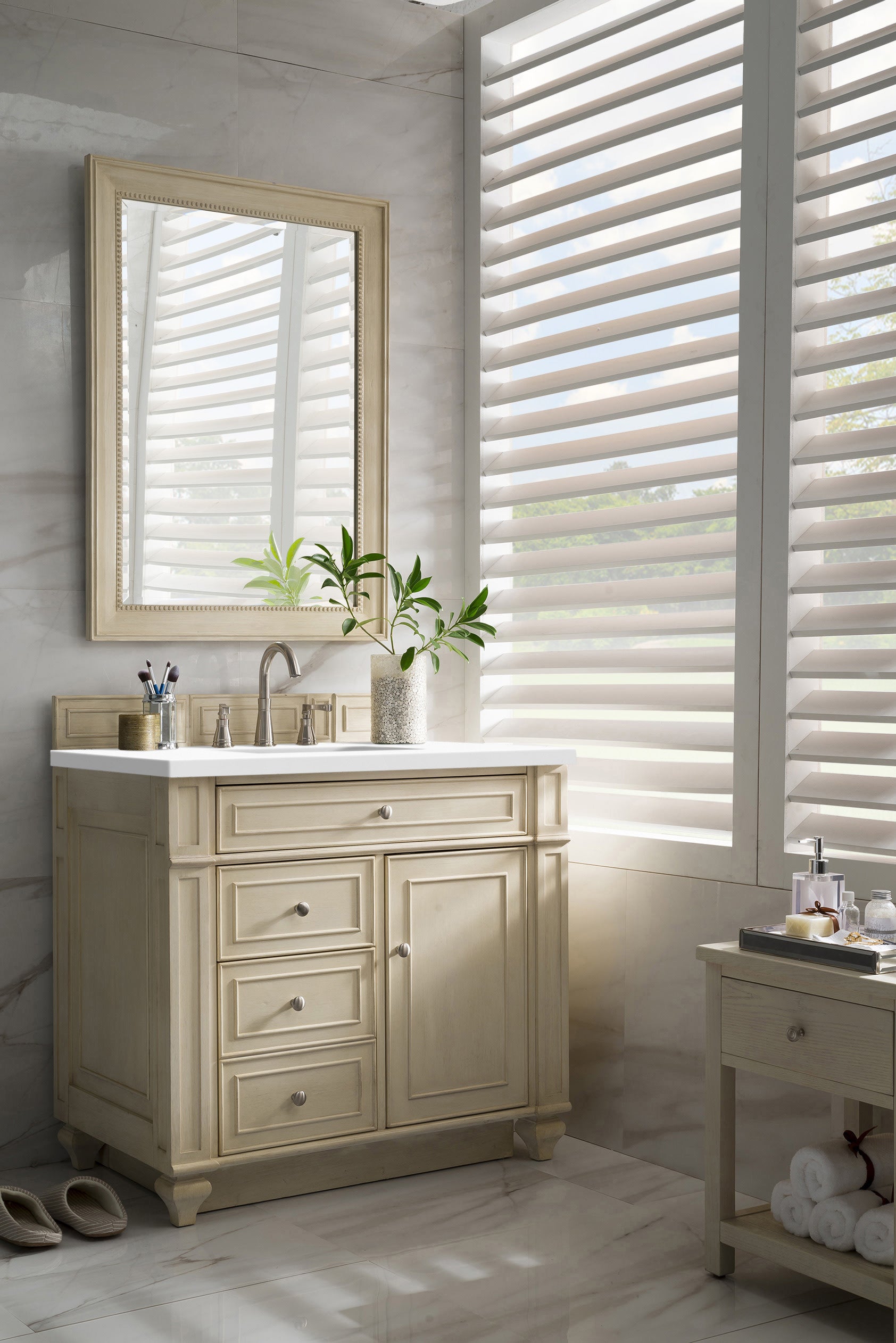 Bristol 36 Inch Single Bathroom Vanity Set with 3CM White Zeus Quartz Countertop - Vintage Vanilla Finish for Classic & Modern Bathrooms