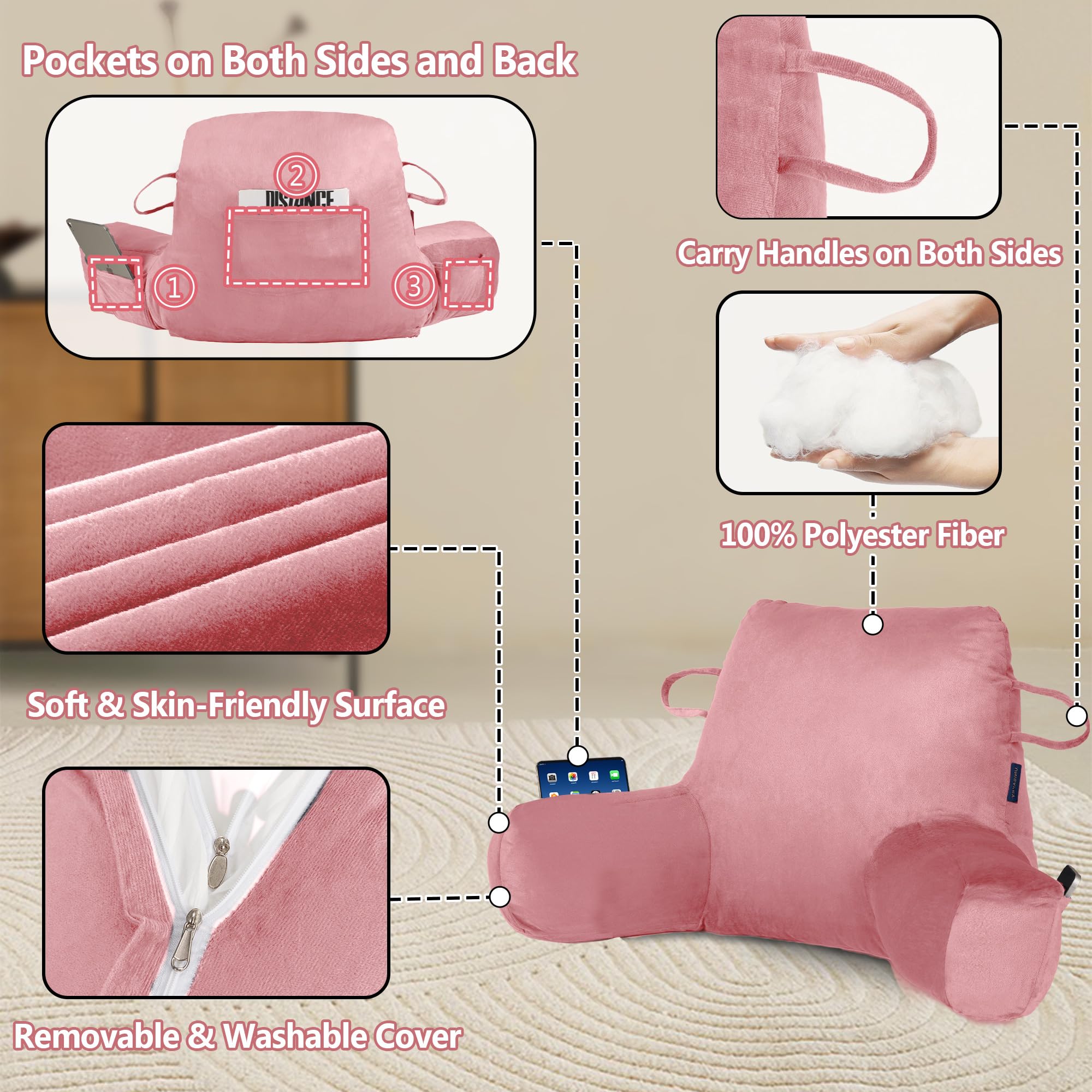 Portable Comfort Reading Pillow for Adults - Soft Bed Pillow with Arms & Pockets, Elastic Sponge & Washable Cover - Perfect for Reading, Watching TV, Gaming & Relaxing in Bed (Pink) - Ideal for Book Lovers, Movie Nights & Cozy Evenings