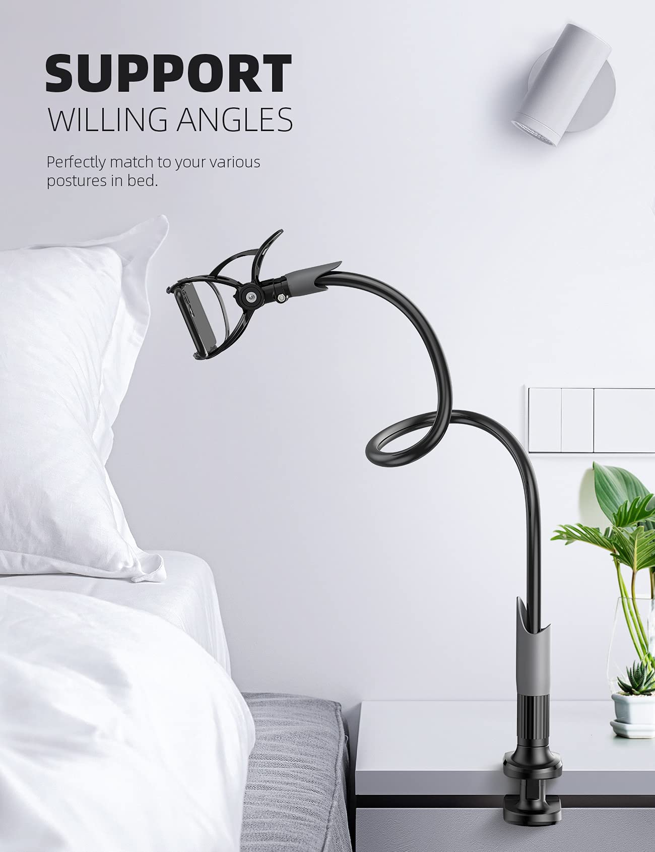 Lamicall Adjustable Gooseneck Phone Holder & Wooden Laptop Stand - Perfect for Home Office, Bed, Desk, and Hands-Free Video Calls
