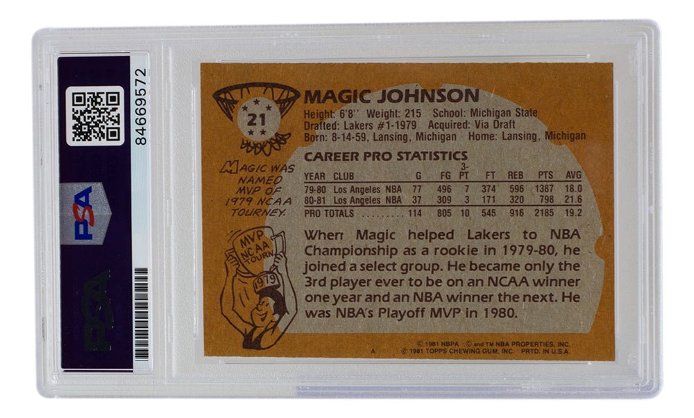 Magic Johnson Signed LA Lakers 1981 Topps Basketball Card #21 PSA/DNA Auto 10 - Authentic Collectible for Sports Memorabilia Fans & Gift for NBA Enthusiasts