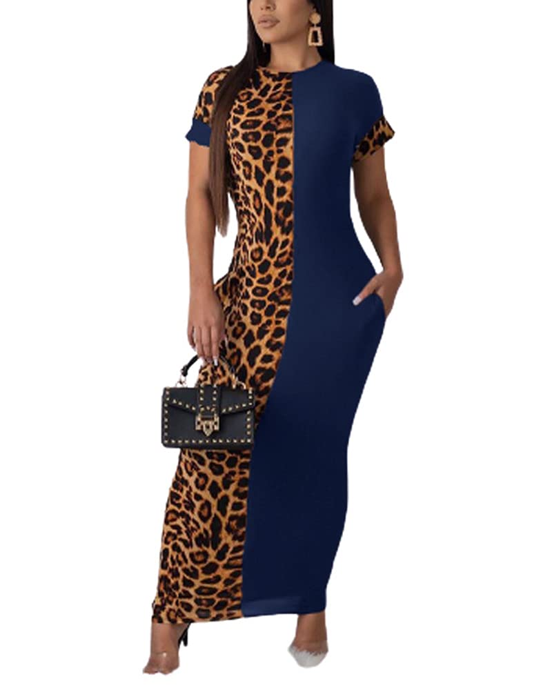 Women's Leopard Print Long Bodycon Dress - Sexy Short Sleeve Midi Club Dress with Pockets for Party, Night Out & Date Night