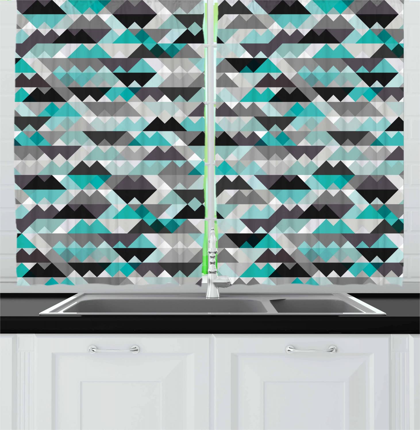 Ambesonne Modern Geometric Kitchen Curtains - Grey & Turquoise Mosaic Design with Triangles & Zig Zags, 55