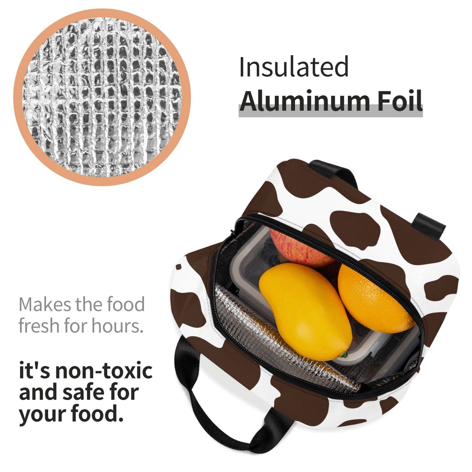 Insulated Cow Print Brown Lunch Bag - Reusable & Portable Meal Container for Men & Women - Perfect for Work, Travel, Picnic & Outdoor Activities