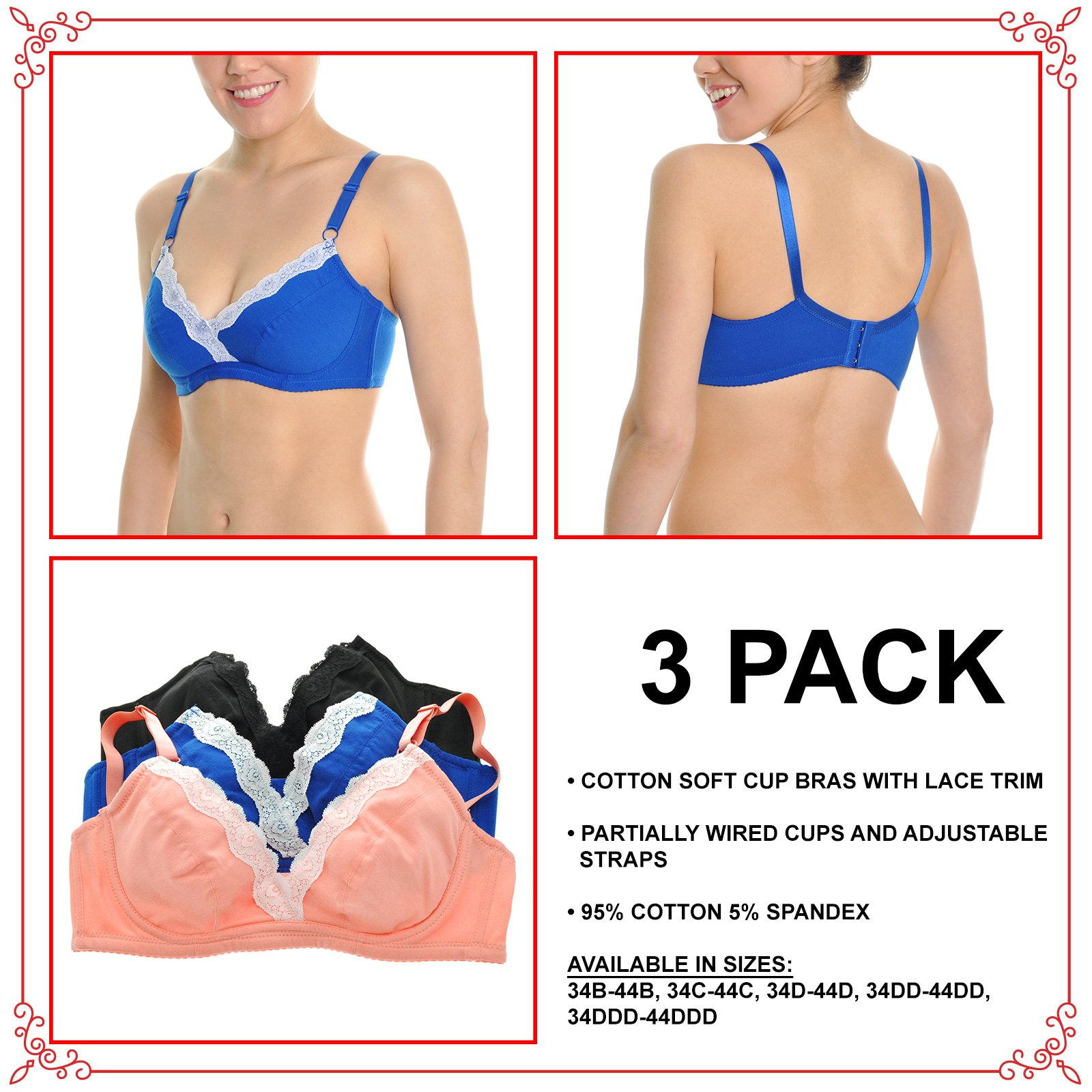 Angelina Women's Cotton Soft Cup Bras with Lace Trim - Comfortable Wireless Bralette 3-Pack for Everyday Wear, Sleep & Lounge