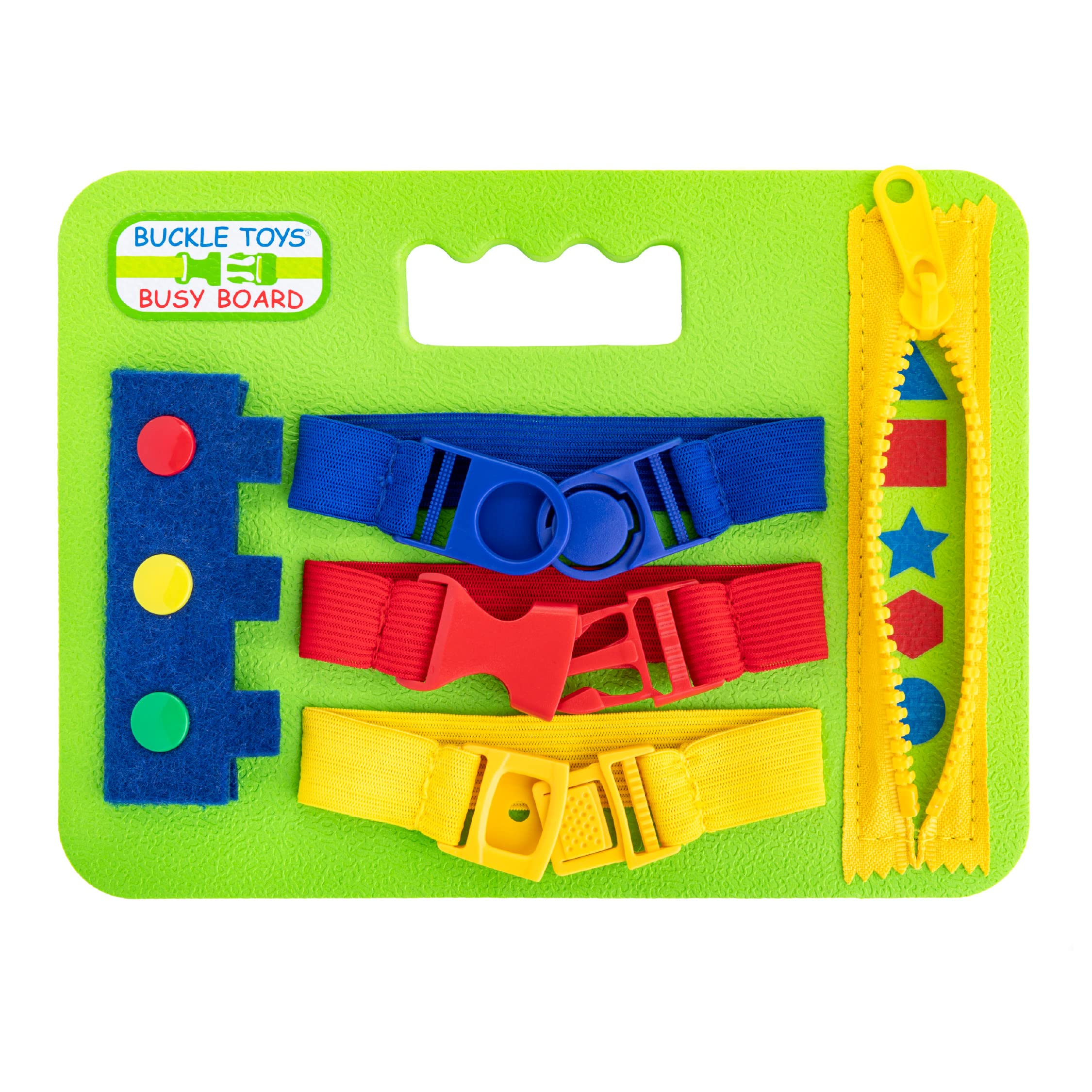 Buckle Toys Mini Busy Board - Montessori Sensory Toy for Toddlers 1-3 Years - Fine Motor Skills Development - Travel Airplane Activities - Soft Foam Learning Board (Green) - Perfect for Car Rides, Airplane Travel & Quiet Playtime