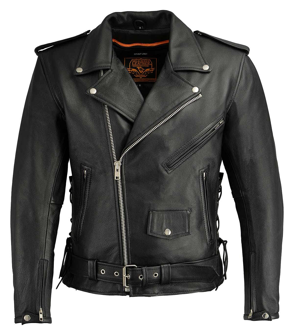 Milwaukee LKM1711 Black Leather Motorcycle Jacket for Men - Heavy Duty Police Style Biker Jacket with Adjustable Side Lace - Perfect for Riding, Motorcycle Clubs & Outdoor Adventures