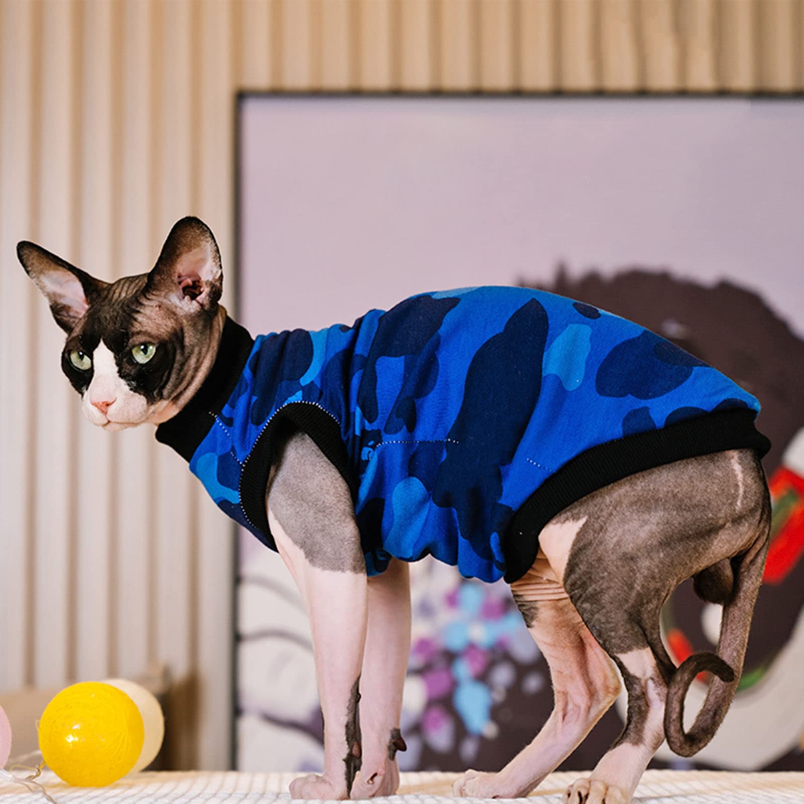 Sphynx Hairless Cat Summer Cotton T-Shirt - Breathable Pet Vest for Cats & Small Dogs | Round Neck Sleeveless Kitten Shirt | X-Large Blue Camo | Perfect for Outdoor Adventures & Photo Shoots