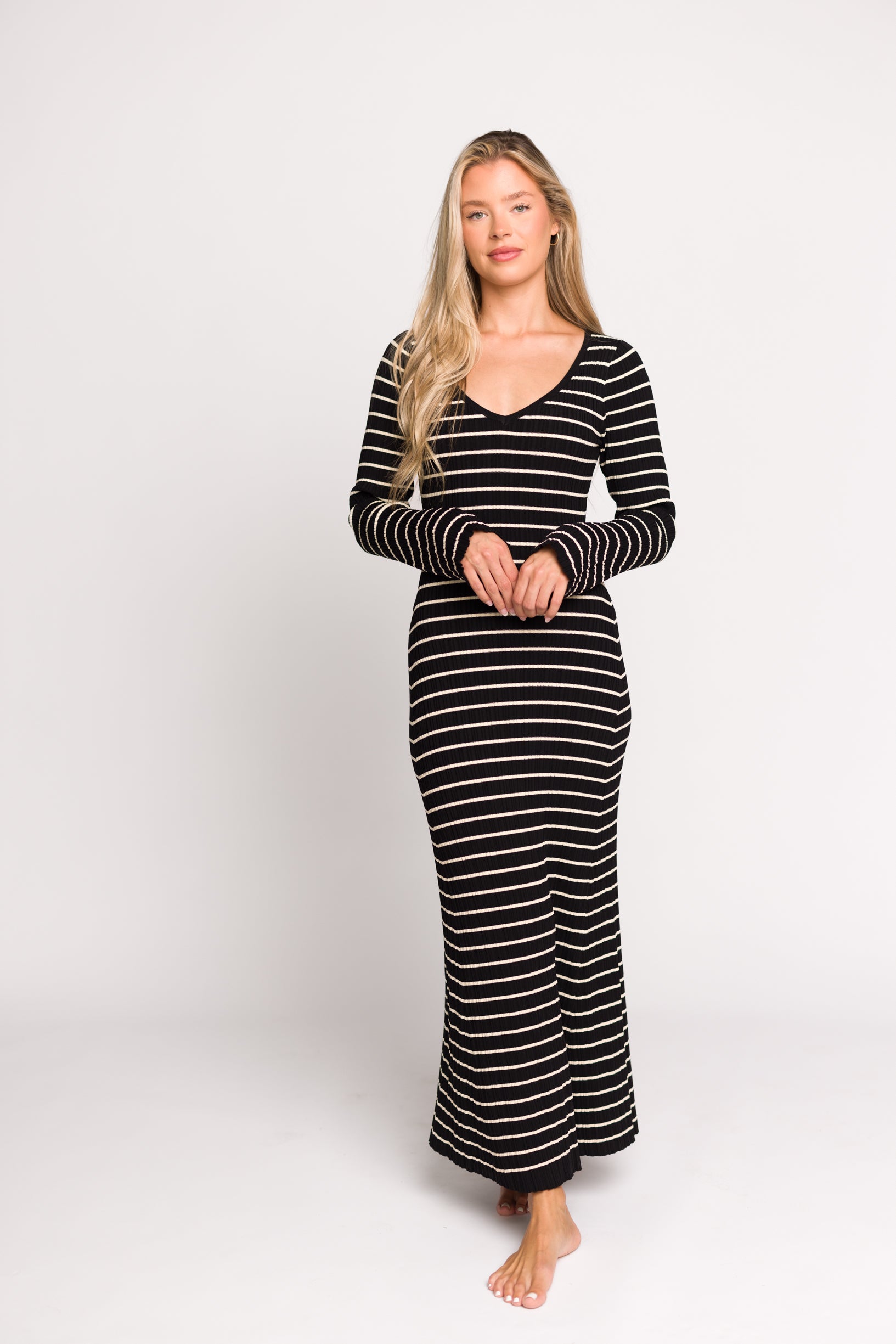 Keaton Knit Maxi Dress - V Neckline Black & Cream Striped Flowy Long Dress for Women | Perfect for Casual Outings, Beach Vacations & Summer Parties