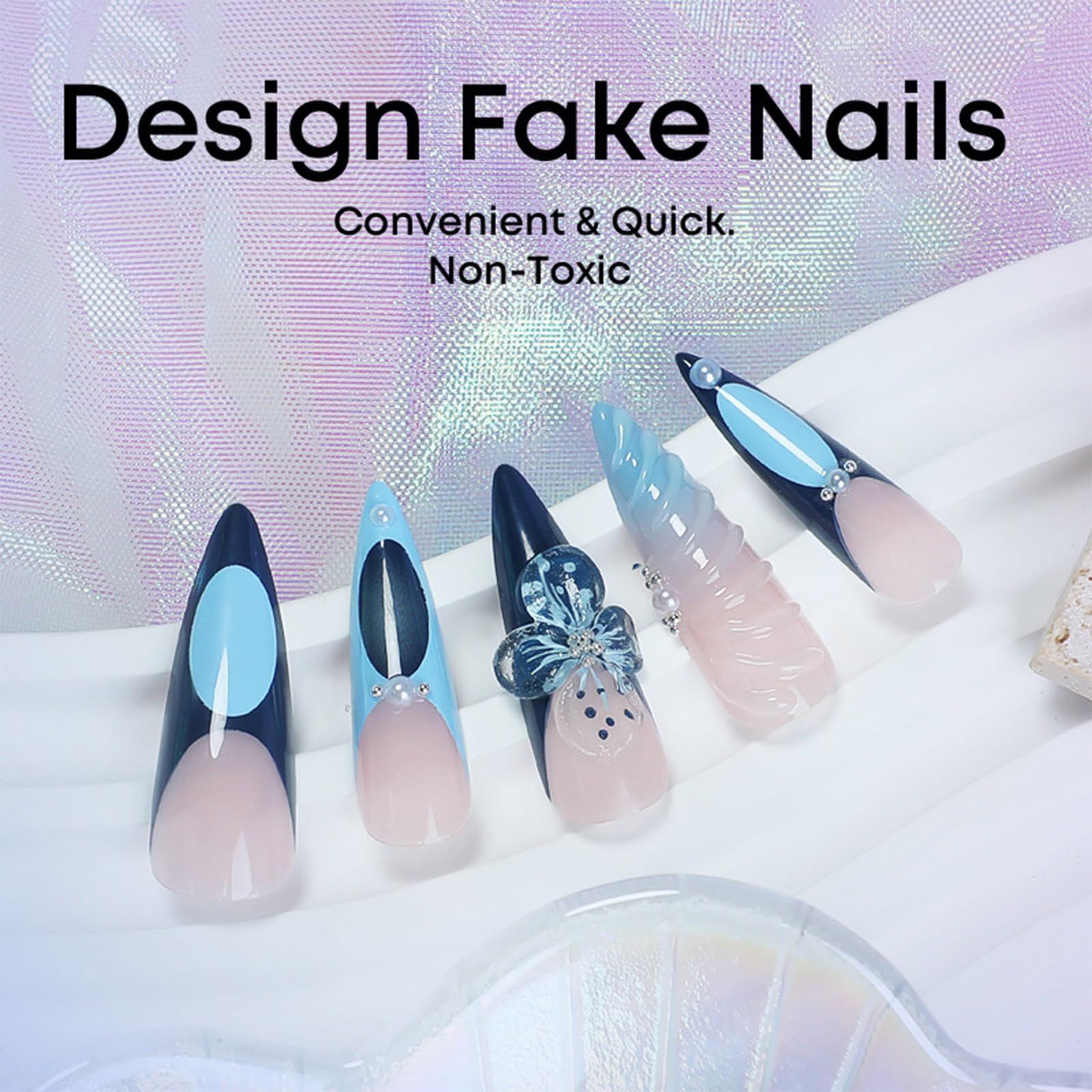 Blue French Tip Press on Nails - 24PCS 3D Floral Acrylic Fake Nails with Glossy Gradient & Pearl Accents | Long Stiletto Shape, Curve Line Design | Easy Glue-On False Nails for Women & Girls | Perfect for Parties, Weddings, and Special Occasions