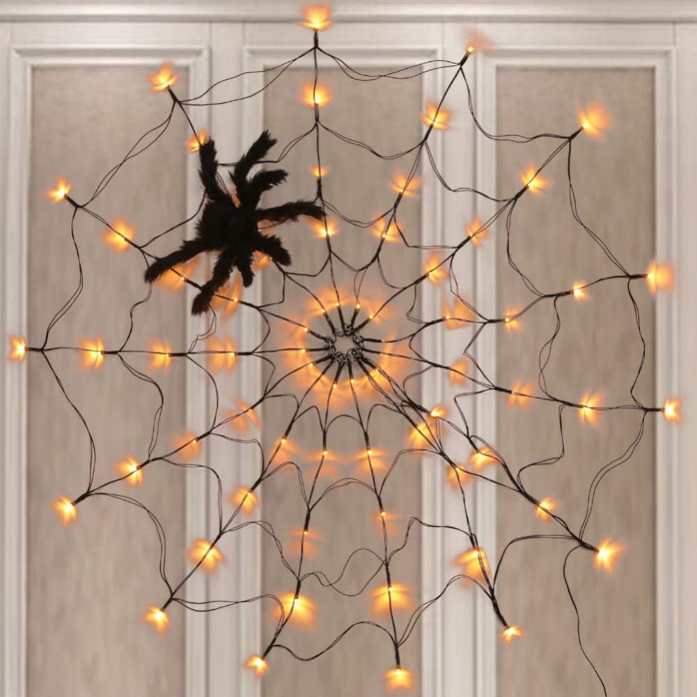 Ochine Giant Spider Web LED Halloween Lights - Waterproof Orange Net Lights with Black Spider for Indoor & Outdoor Decor - Perfect for House, Yard, Garden Halloween Party & Haunted House Scenes