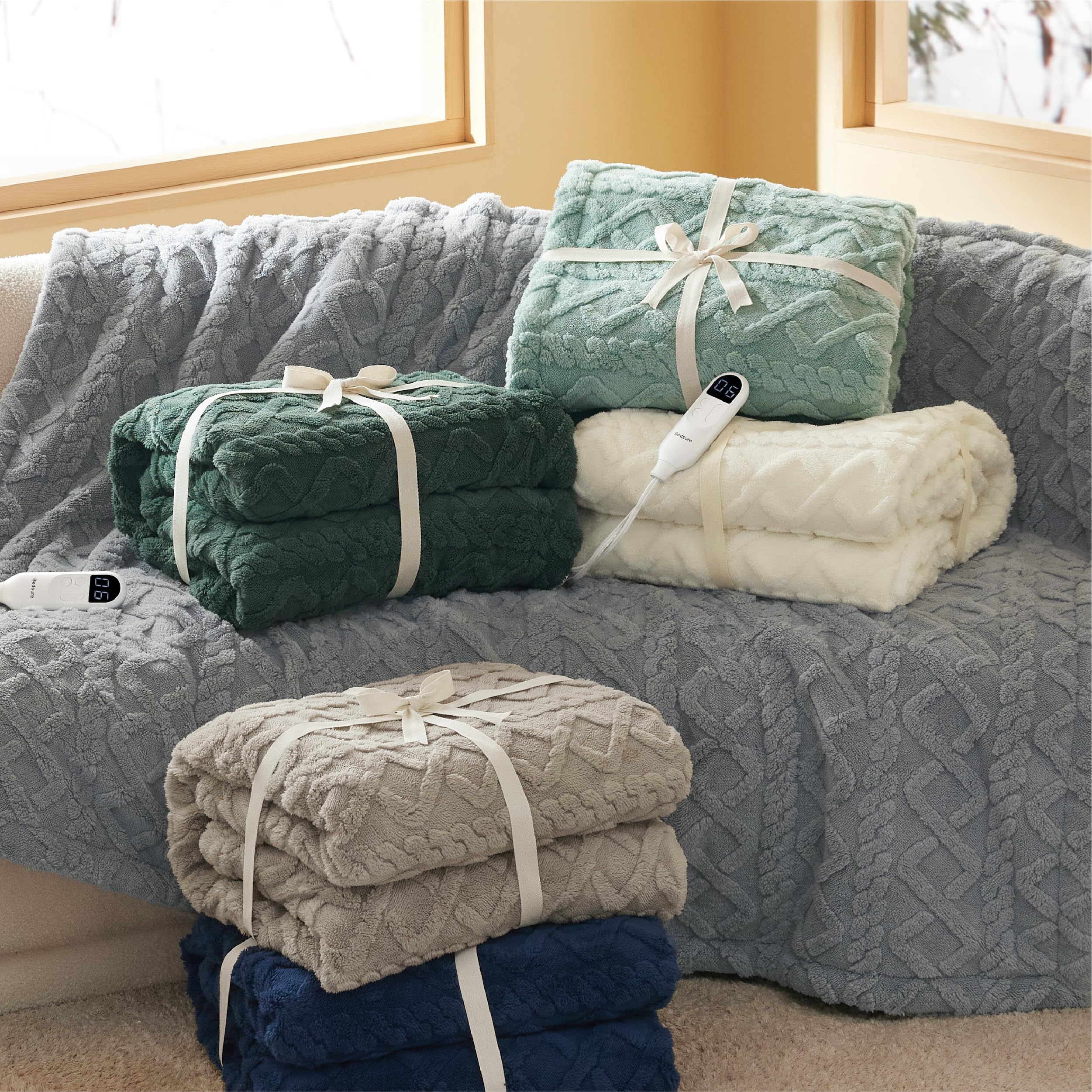Bedsure Full Size Electric Heated Blanket - 72x84 Inch Jacquard Sherpa Heating Blanket with 6 Heat Levels & 10 Timer Settings, Ultra Soft Fluffy Warm Blanket for Winter (Sage Green) - Perfect for Bed, Couch & Home Office Use