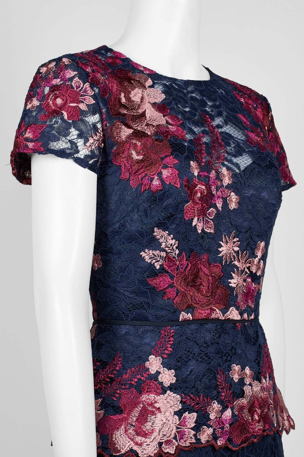 JS Collections Women's Lace Peplum Dress - Navy & Fuchsia Floral Print, Elegant Party Wear for Weddings, Cocktails & Special Occasions