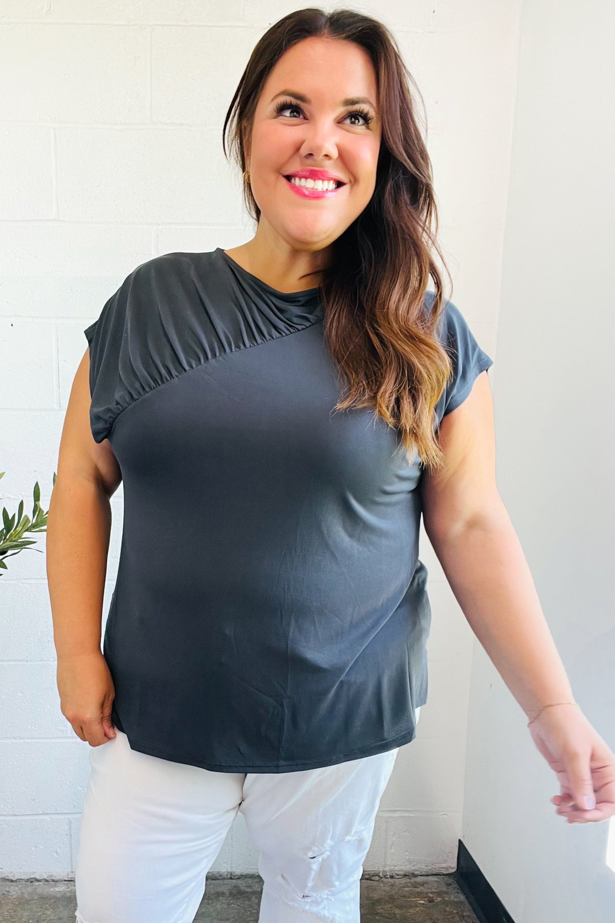 Stylish Charcoal Asymmetrical Drop Shoulder Modal Top - Comfortable & Trendy Women's Blouse for Casual Outings & Date Nights