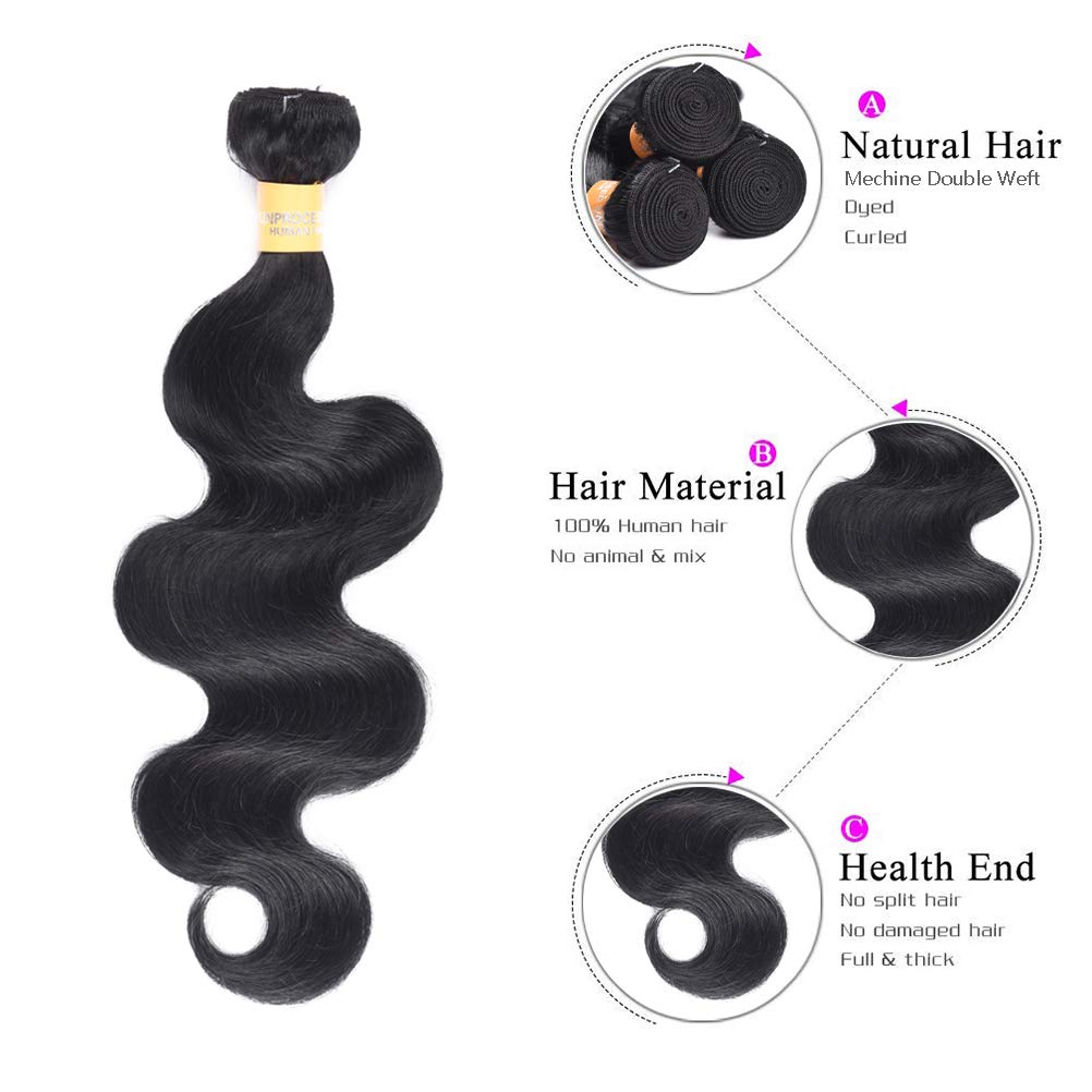 WOME Brazilian Human Hair Bundles 100% Natural Black Body Wave Hair Weaves - 3 Bundles Human Hair Extensions (16