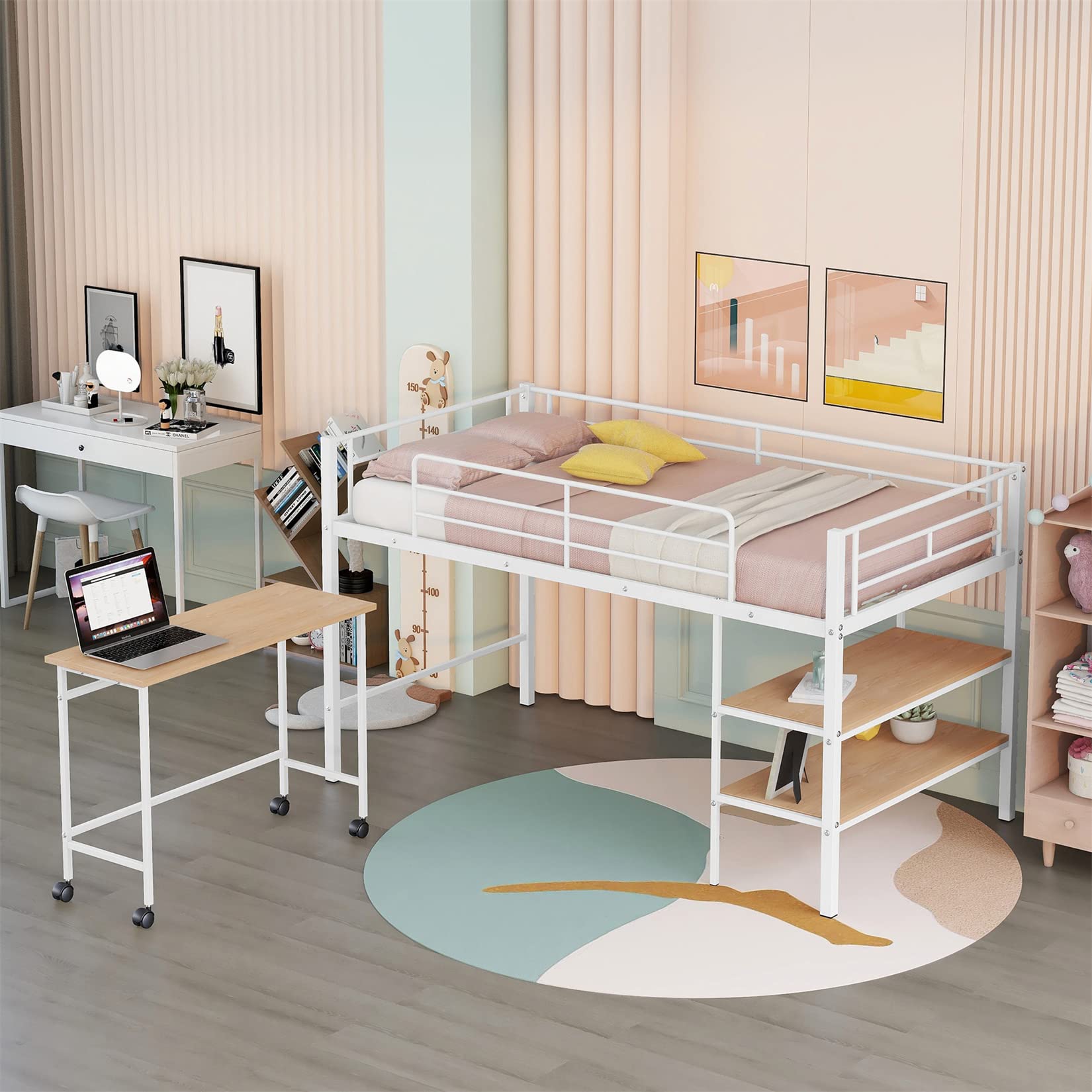 Harper & Bright Designs Low Loft Bed with Bookcase & Rolling Desk - Twin Size Metal Frame for Kids & Teens - Perfect for Small Bedrooms, Dorm Rooms & Study Spaces (White)