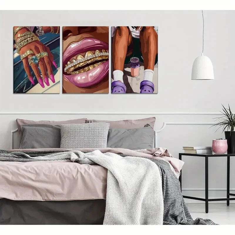 3-Piece African American Woman Wall Art - Pink, Purple & Golden Metal Prints Ready to Hang - Perfect for Living Room, Bedroom & Office Decor
