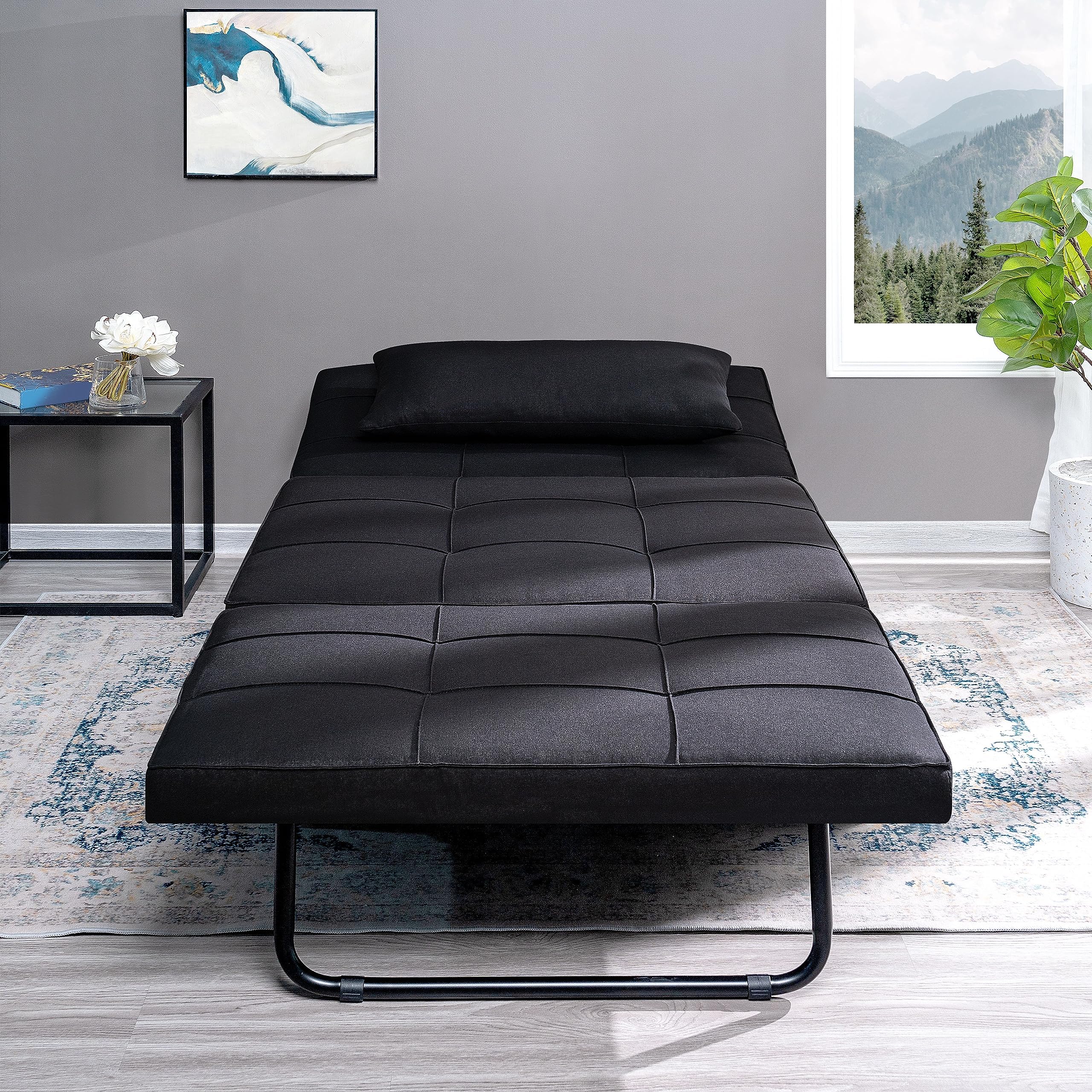 4-in-1 Convertible Sleeper Chair Bed with Adjustable Backrest - Breathable Linen Ottoman Sofa Bed for Living Room, Guest Room & Small Spaces - Modern Multi-Functional Furniture (Black)