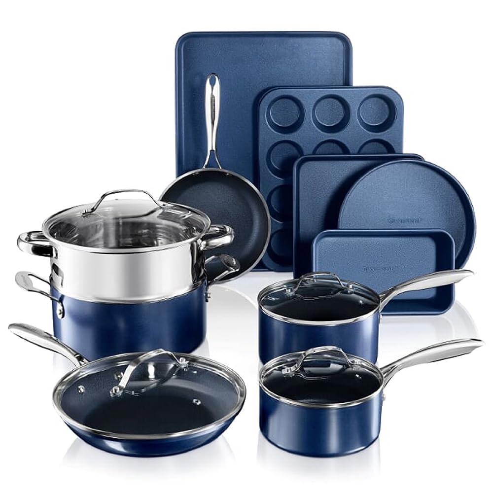 Granitestone 15-Piece Nonstick Cookware Set - Diamond Coated Pots and Pans, Dishwasher Safe, Blue - Perfect for Home Cooking, Baking & Entertaining