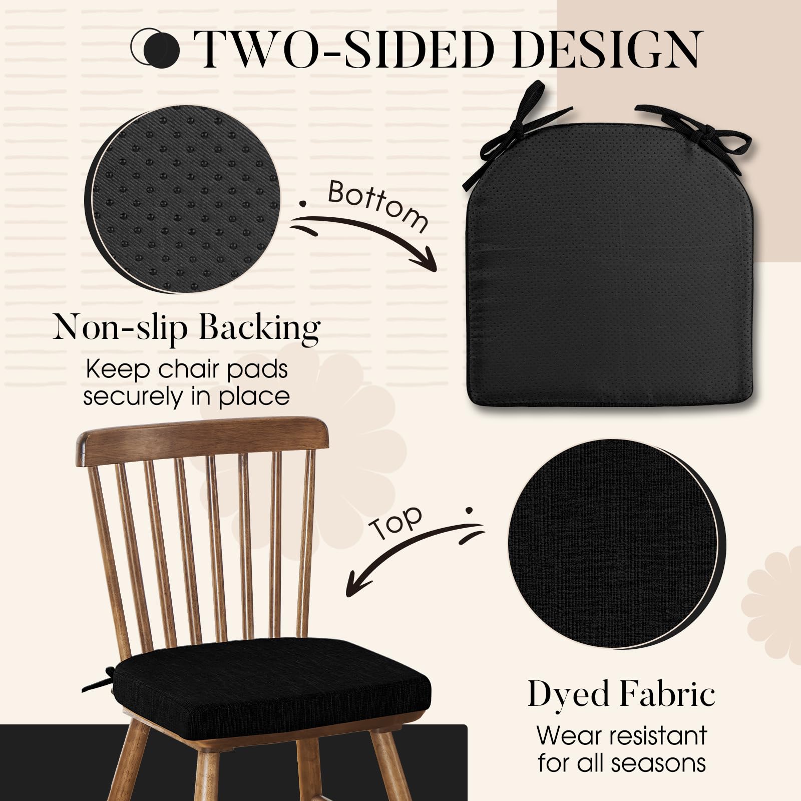 6 Pack Non-Slip Dining Chair Cushions with Ties - 16x16 Inch Kitchen Chair Pads for Comfortable Seating - Perfect for Dining Room, Kitchen, Office & Outdoor Use (Black)