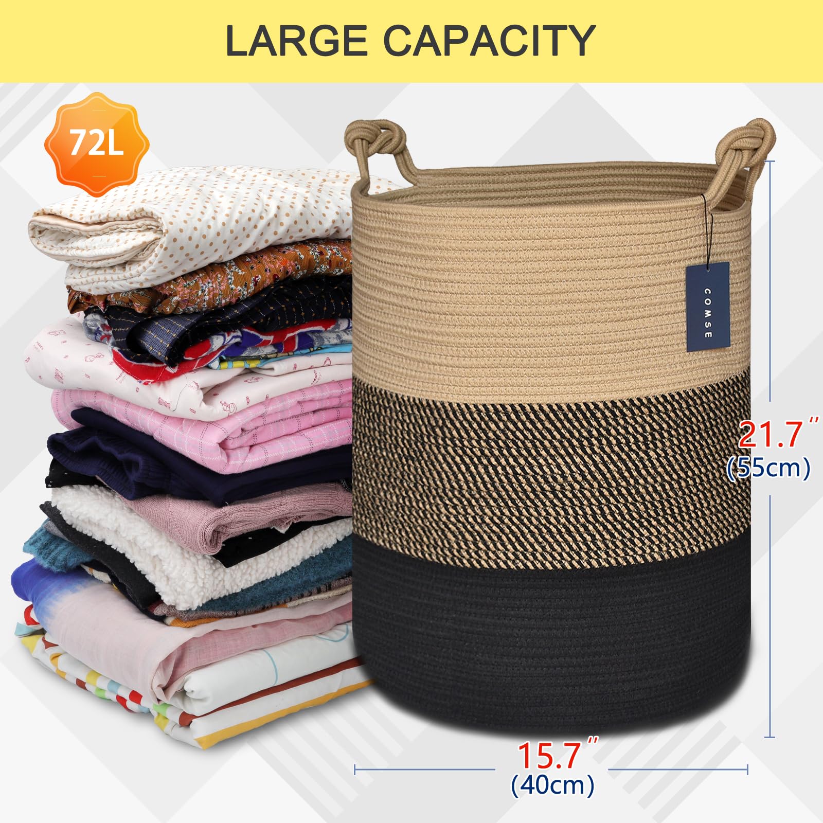 COMSE Extra Large Woven Storage Basket - 15.7”x 21.7” Cotton Rope Laundry Hamper for Nursery, Toys, Clothes & Towels (Brown/Black) | Perfect for Home Organization, Baby Room & Closet Storage