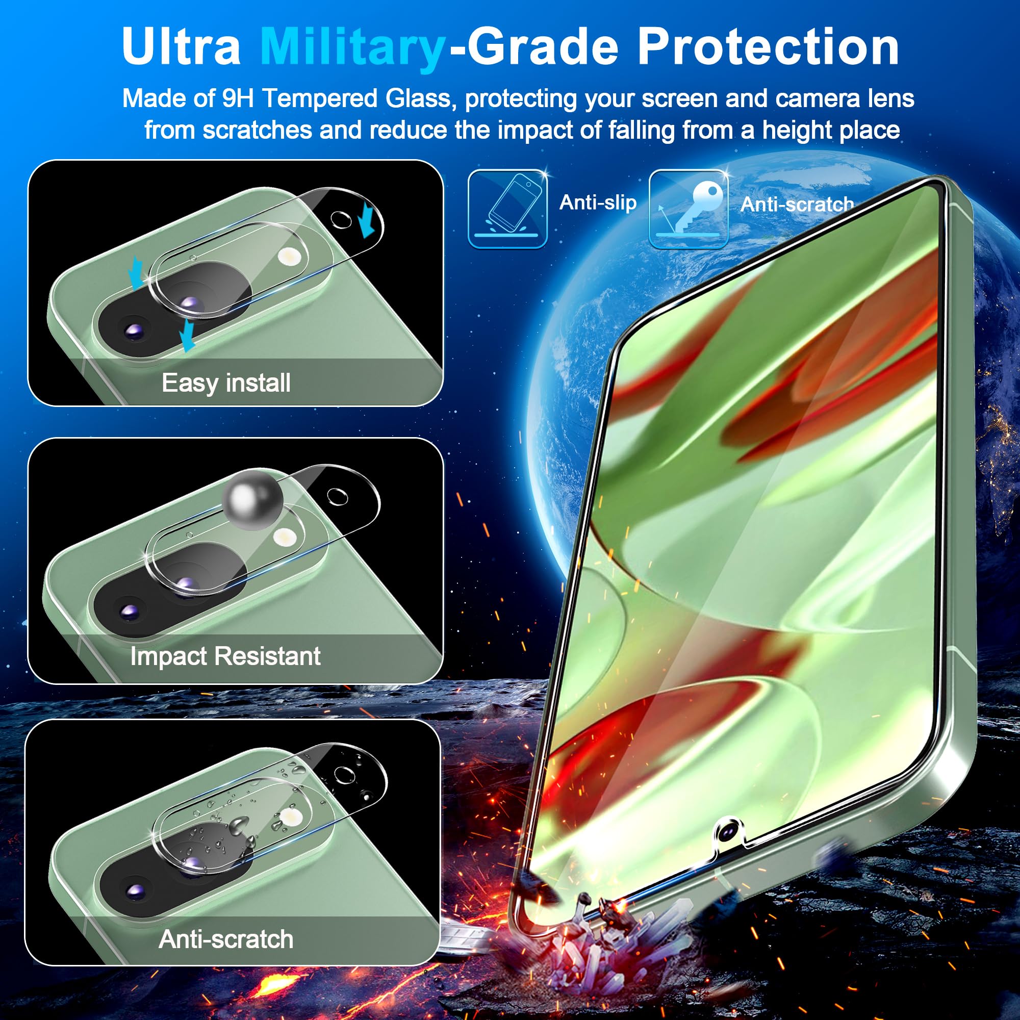 Google Pixel 9 Screen Protector 3-Pack - 9H Tempered Glass with Fingerprint Unlock for Daily Protection