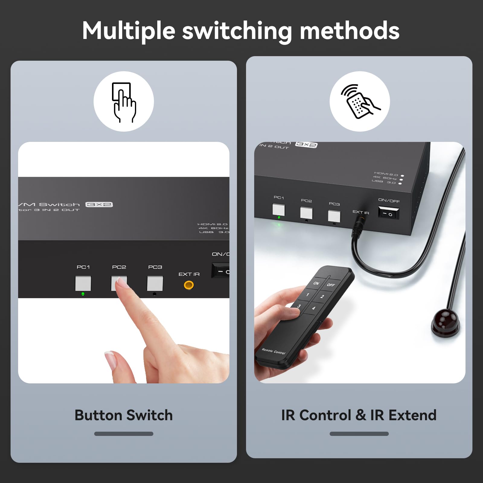 4K60Hz HDMI KVM Switch for Dual Monitors & 3 Computers - USB 3.0 Sharing Hub with EDID Simulation, Remote Control & Cables - Perfect for Home Office, Gaming Setup & Multi-Device Workstations