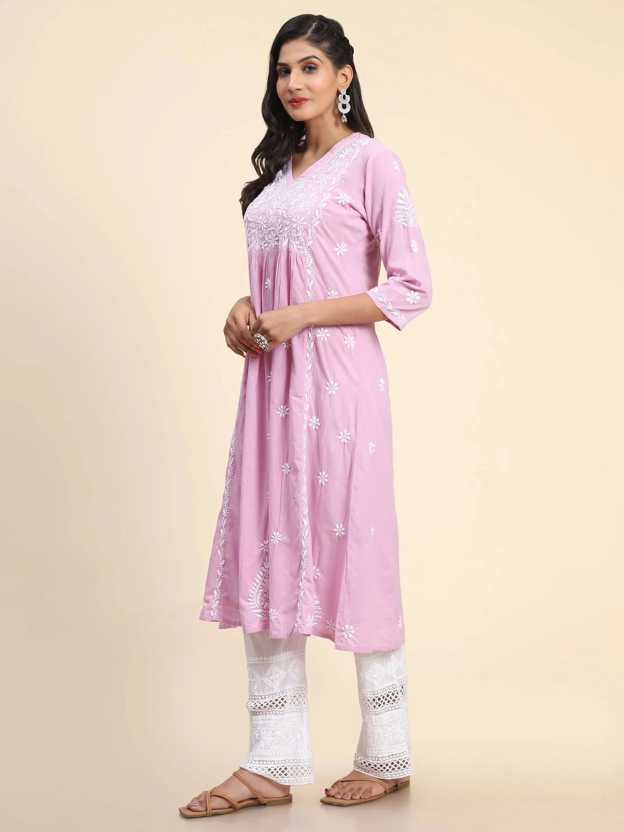 Hand Embroidered Chikankari Long A-Line Kurti for Women - Lavender Ethnic Tunic Top | Perfect for Festivals, Weddings & Casual Wear