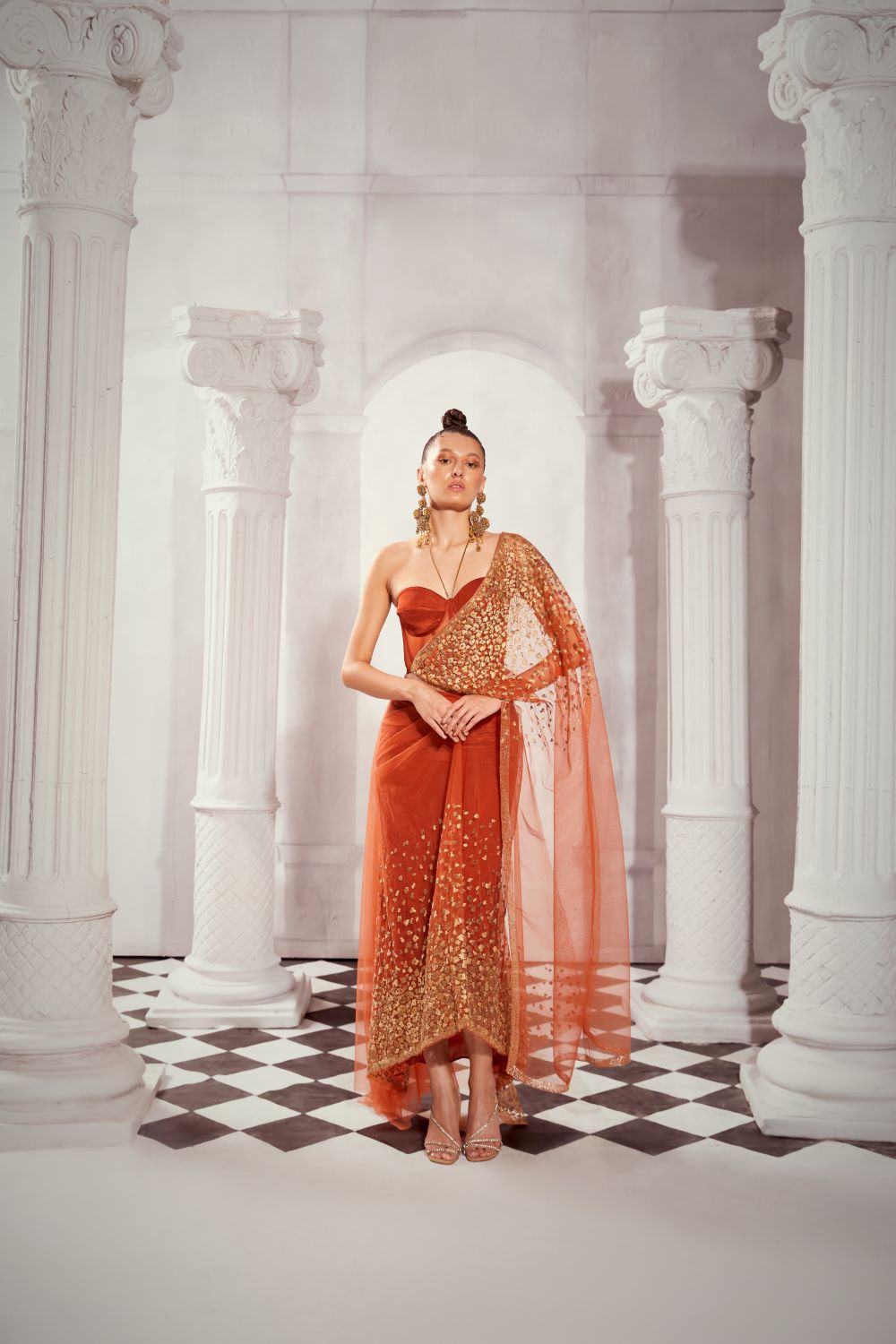 Elegant Leopard Print Aari Embroidered Pre-Draped Saree with Bustier - Perfect for Weddings, Parties & Special Occasions
