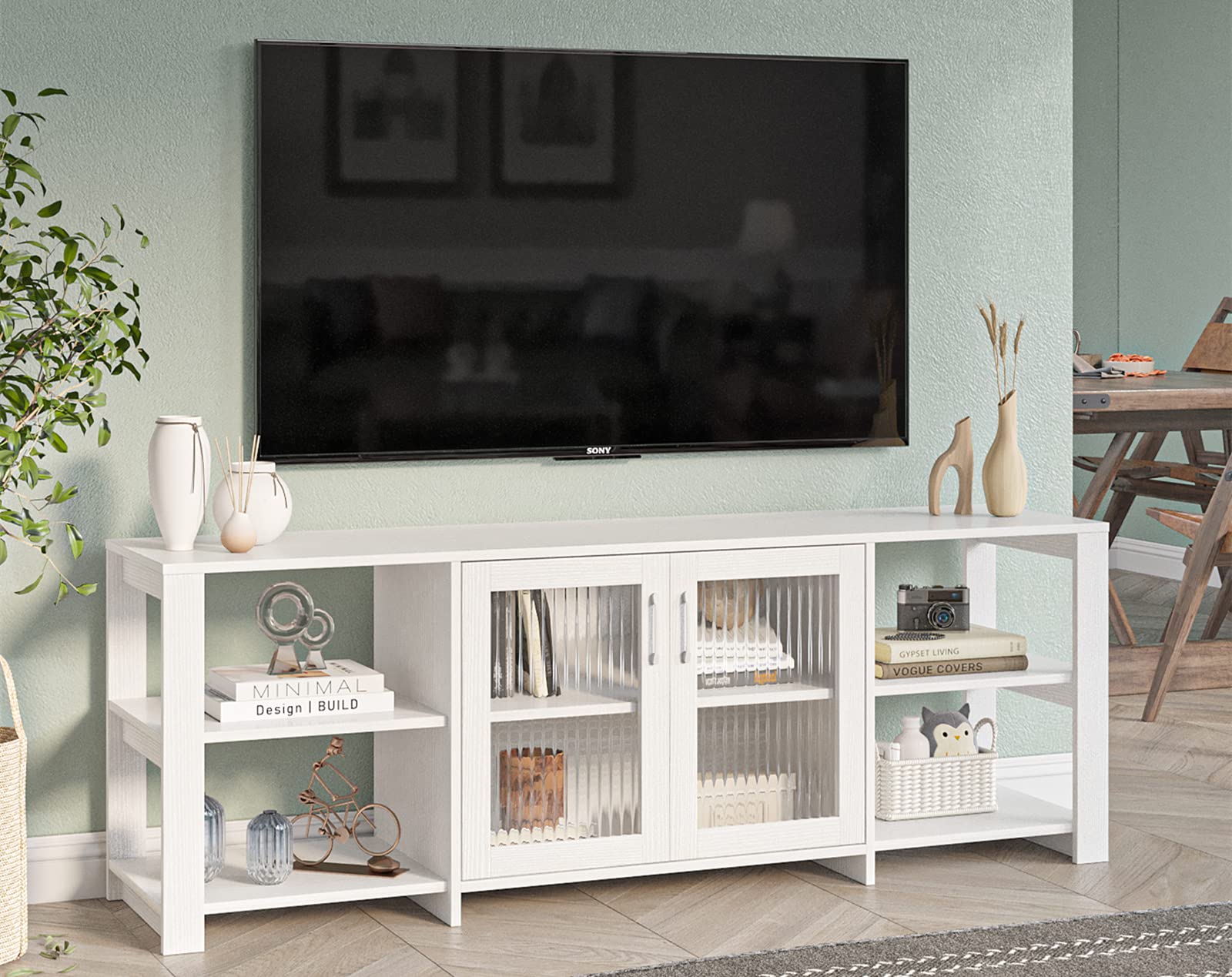 Panana 70 Inch TV Stand with 2 Doors & 4 Storage Cubby - Modern Entertainment Center TV Console for Living Room & Bedroom - Perfect for Organizing Media Devices & Home Decor (White) - Ideal for Small Spaces & Apartment Living