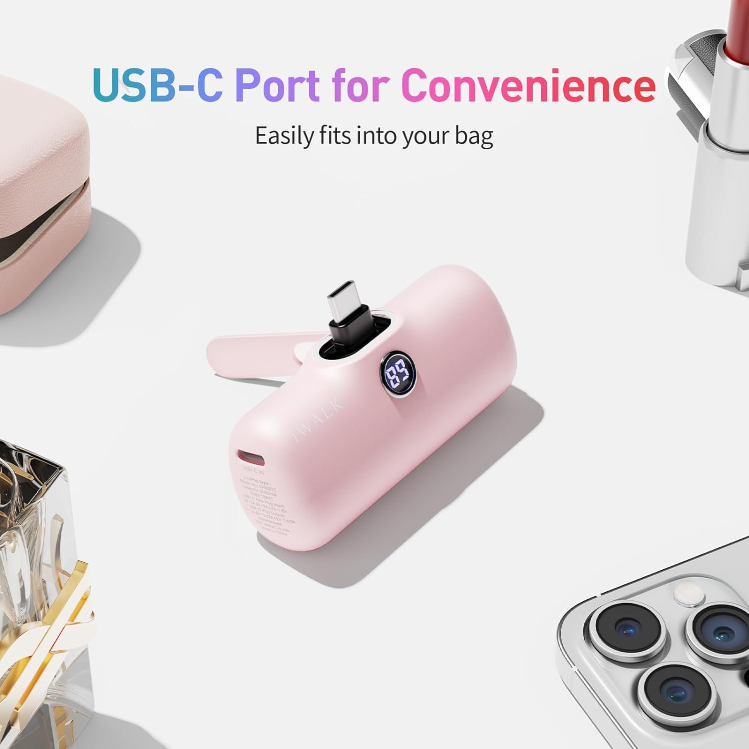 iWALK Small Portable Charger 5000mAh - 20W PD Fast Charging USB-C Power Bank with LED Display | Compatible with iPhone 16/15/15 Plus/15 Pro/15 Pro Max & Samsung | Pink - Perfect for Travel, Work, and Outdoor Adventures