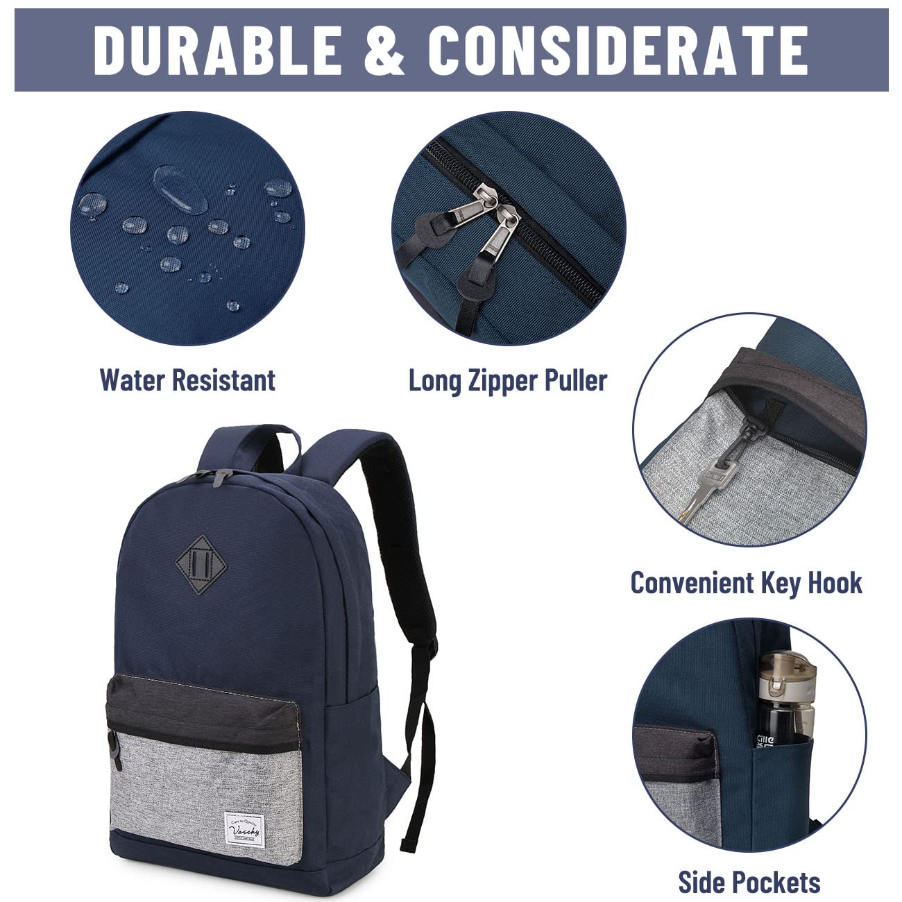 VASCHY Water-Resistant Backpack for Men & Women - Durable School Backpack, Bookbag, Daypack for Work, College & Travel - Navy Blue Casual Laptop Backpack