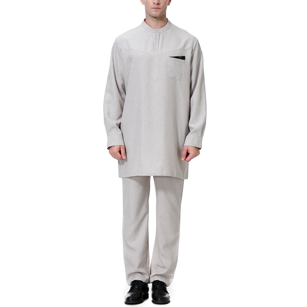 Islamic Muslim Men's 2-Piece Suit - Stand Collar T-Shirt & Pants for Eid, Ramadan & Middle Eastern Fashion | Modest Islamic Clothing for Prayer, Mosque & Special Occasions
