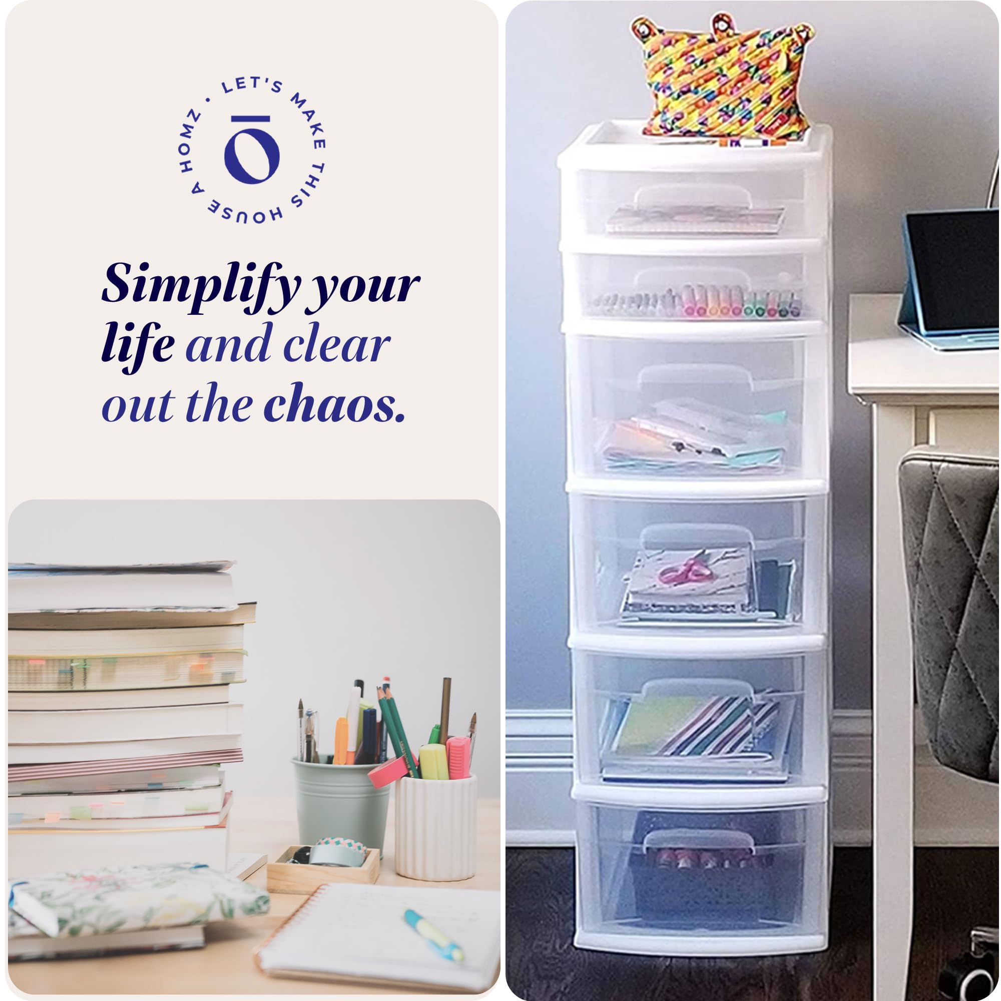 HOMZ 2-Pack 6-Tier Clear Plastic Storage Drawer Tower Organizer with White Frame - Perfect for Bedroom Closet, Bathroom, Office & Craft Room Organization