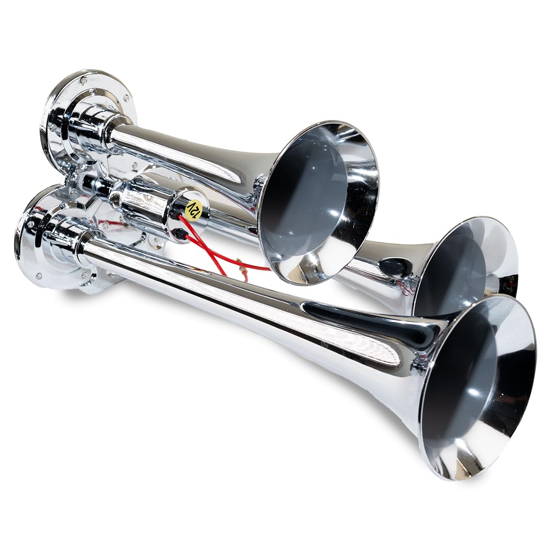 Kleinn Air Horns 130 Mini Triple Train Horn - Chrome-Plated Zinc Alloy for Trucks, Motorcycles & Boats - Loud Safety Warning Device for Emergency & Off-Road Use
