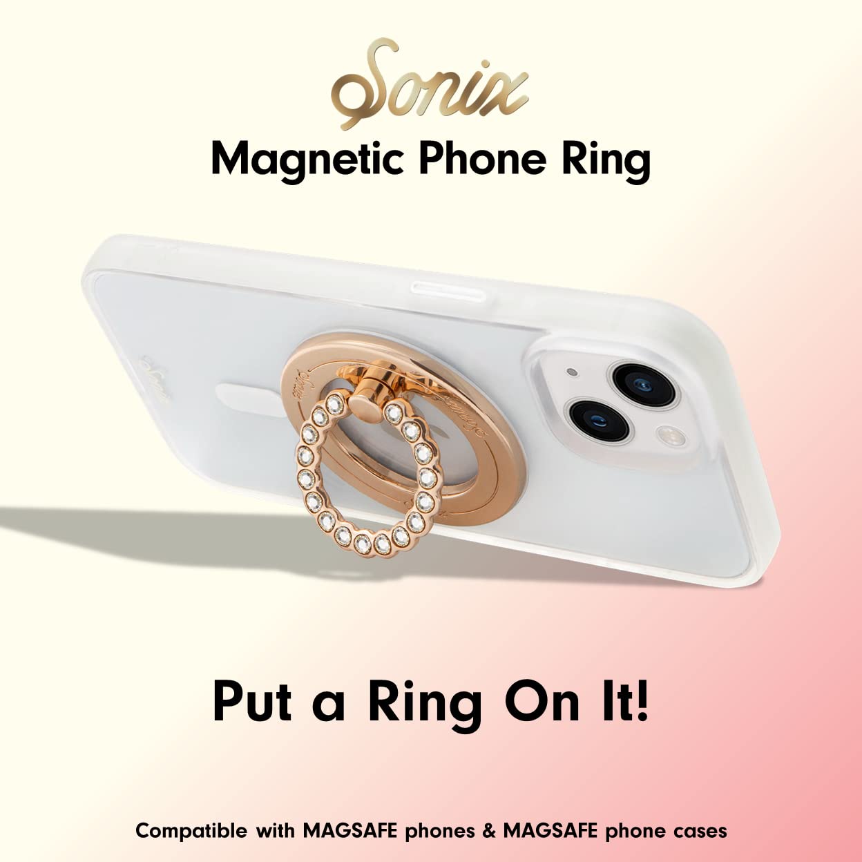 Sonix Magnetic Phone Grip & Ring Holder - MagSafe Compatible Rotatable Kickstand for iPhone 16, 15, 14, 13, 12 Series - Gold/Clear Rhinestone - Perfect for Hands-Free Viewing and Secure Grip