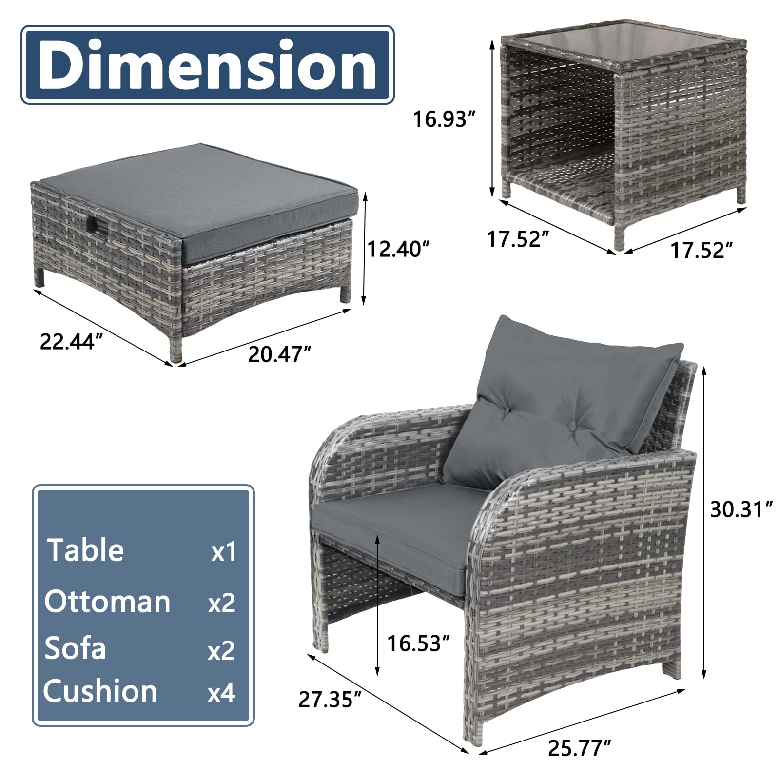 5-Piece Wicker Outdoor Patio Furniture Set with Ottoman - PE Rattan Garden Arm Chairs & Foot Rest for Poolside, Garden, Balcony - Grey - Perfect for Relaxing, Entertaining & Outdoor Lounging
