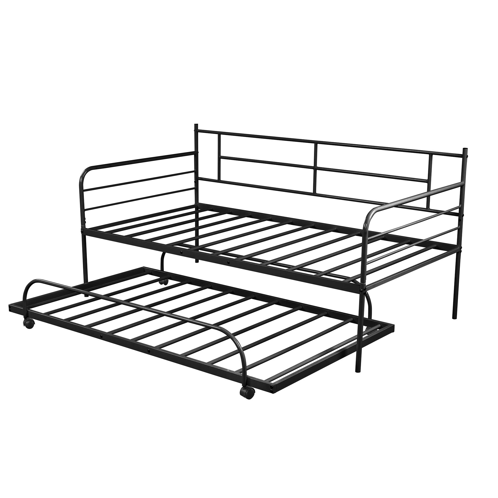 Twin Size Daybed with Trundle Bed - Sturdy Metal Frame, No Box Spring Needed - Perfect for Kids, Teens & Adults - Ideal for Guest Rooms, Dorms & Small Spaces - Black