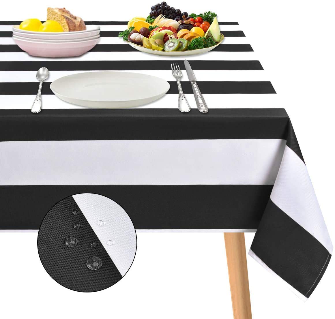 ASPMIZ Black and White Striped Tablecloth - Waterproof Polyester Rectangle Table Cover 55” x 55” for Kitchen & Dining Room - Geometric Pattern for Parties, Picnics & Home Decor