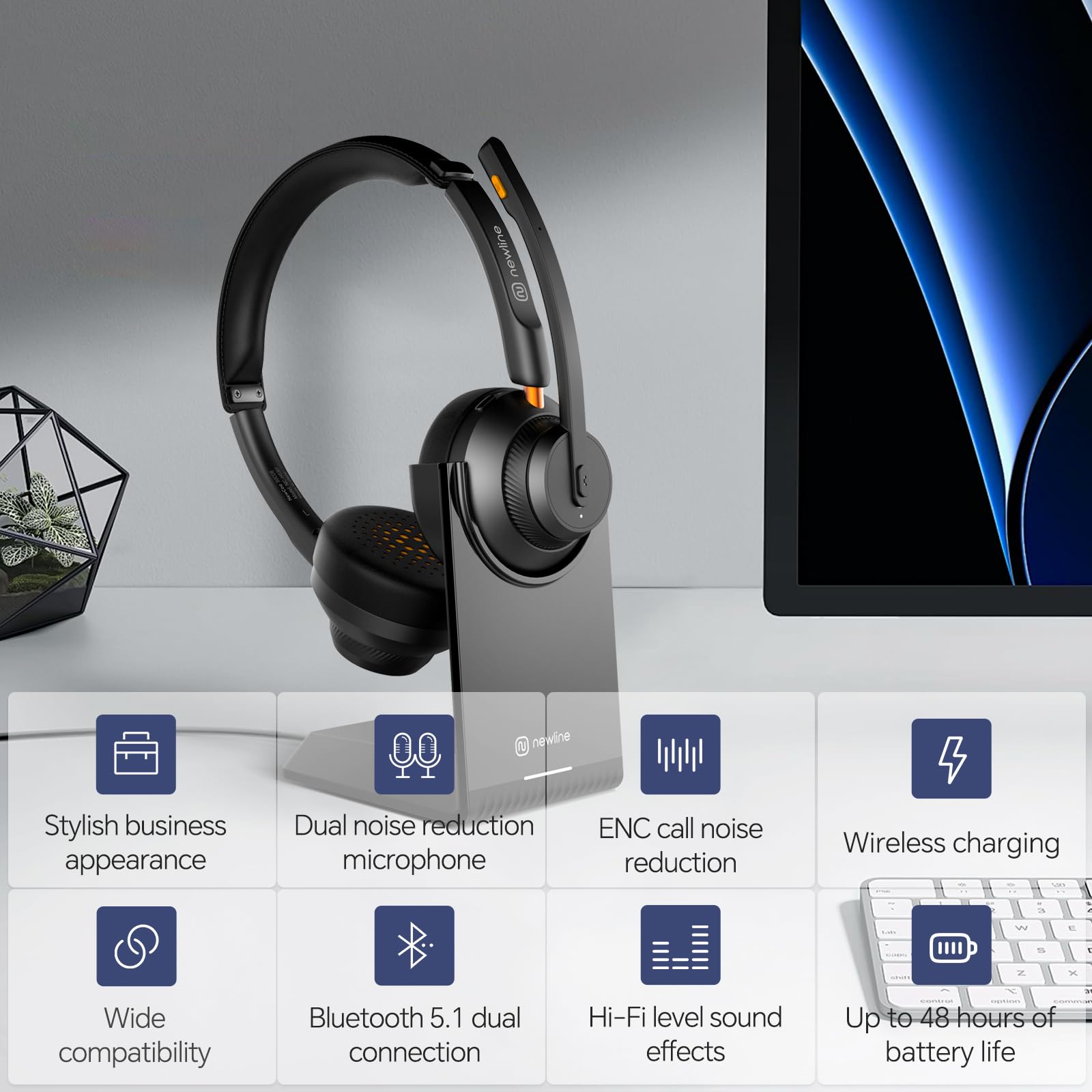 5.1 Bluetooth Wireless Headset with AI Noise Cancelling Microphone - 48H Battery Life, USB Dongle & Charging Base - Perfect for Office Work, Remote Jobs, Call Centers, Gaming, and Online Meetings